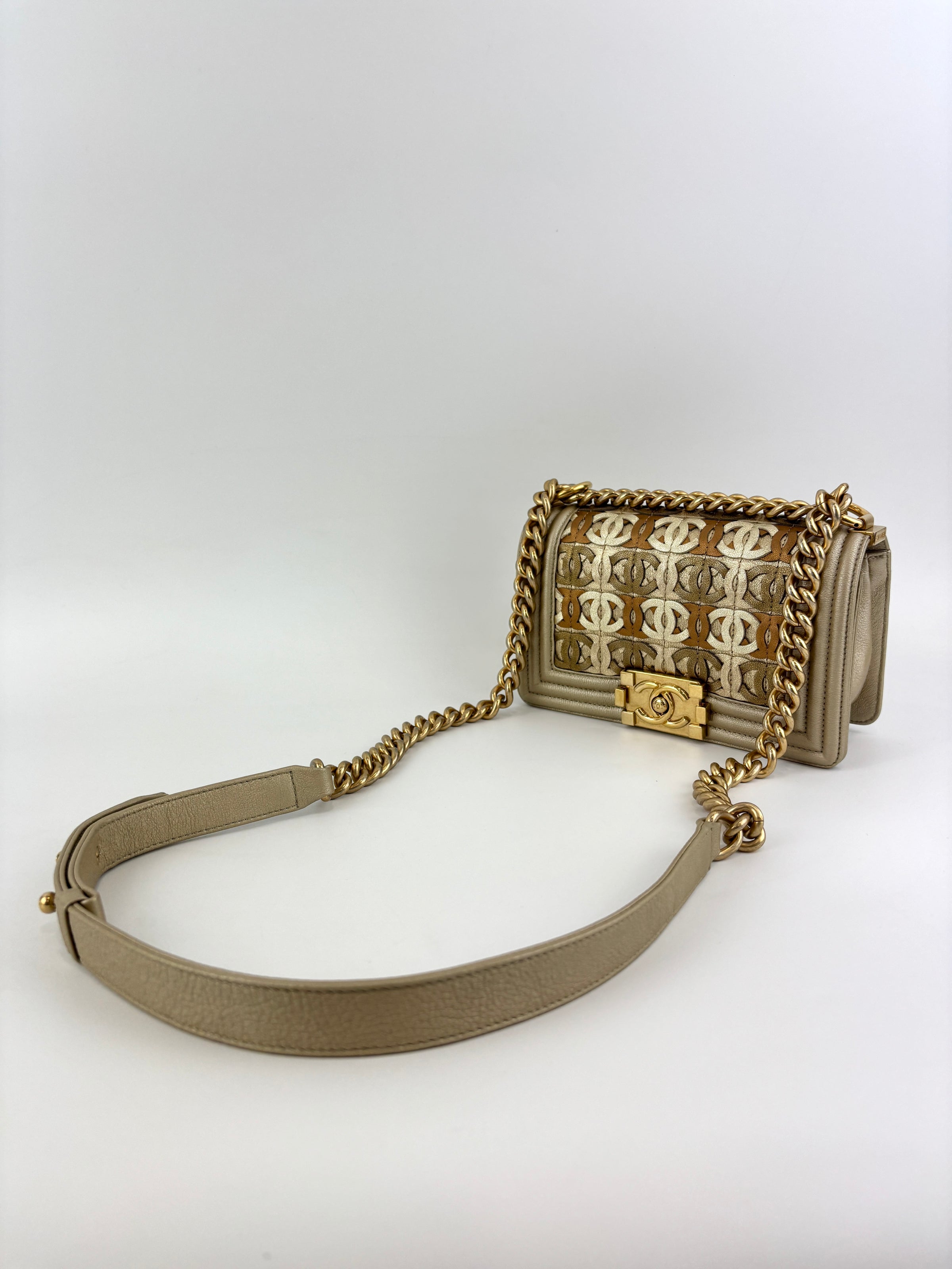 Limited Edition Gold Metallic Small Boy Flap Calfskin Antique GHW