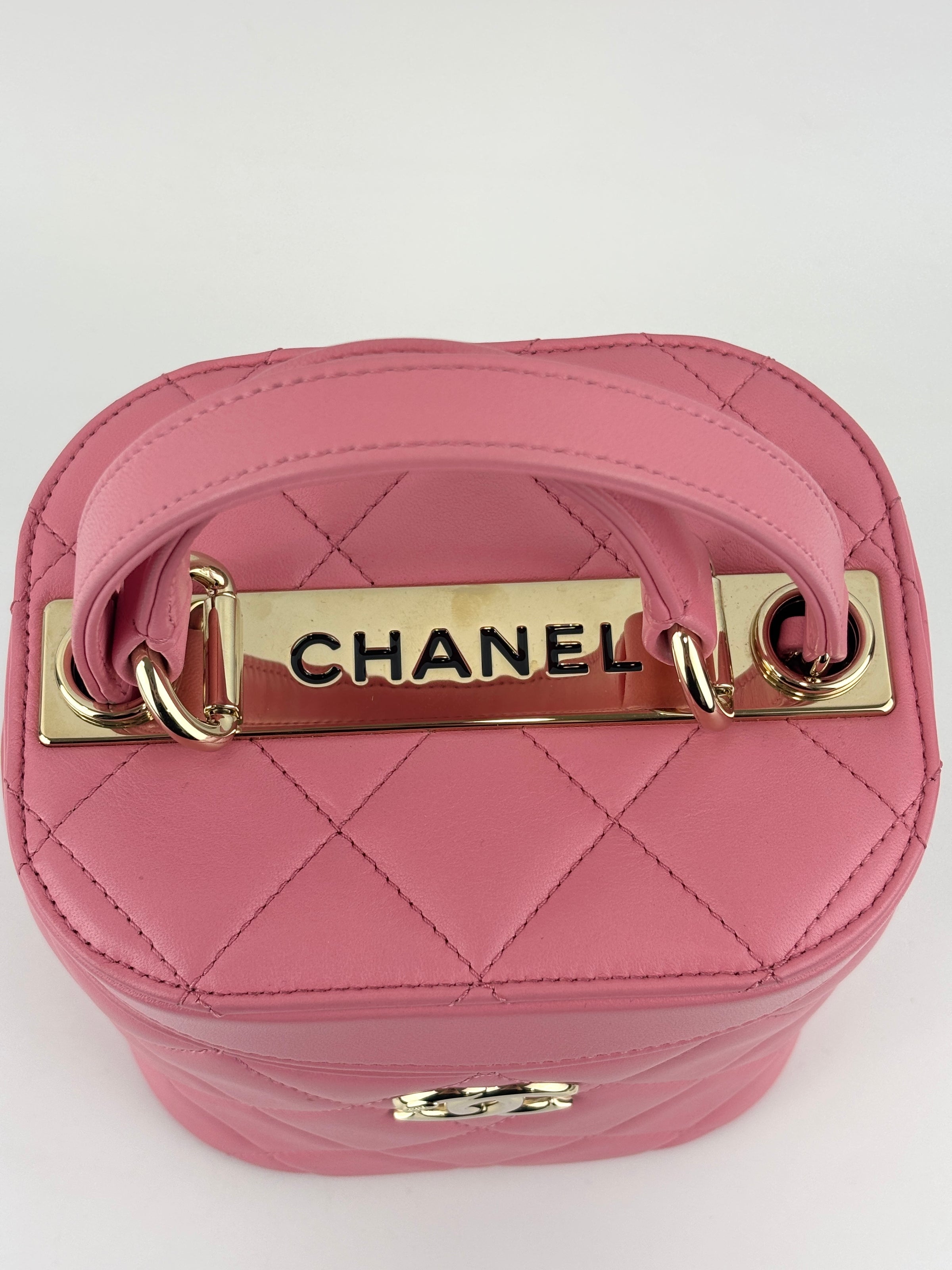 Pink Lambskin Trendy CC Top Handle Vanity Case With Chain LGHW