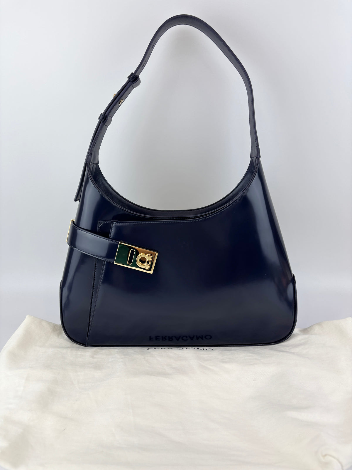 Large Brushed Calfskin Gancini Arch Shoulder Hobo Midnight Blue