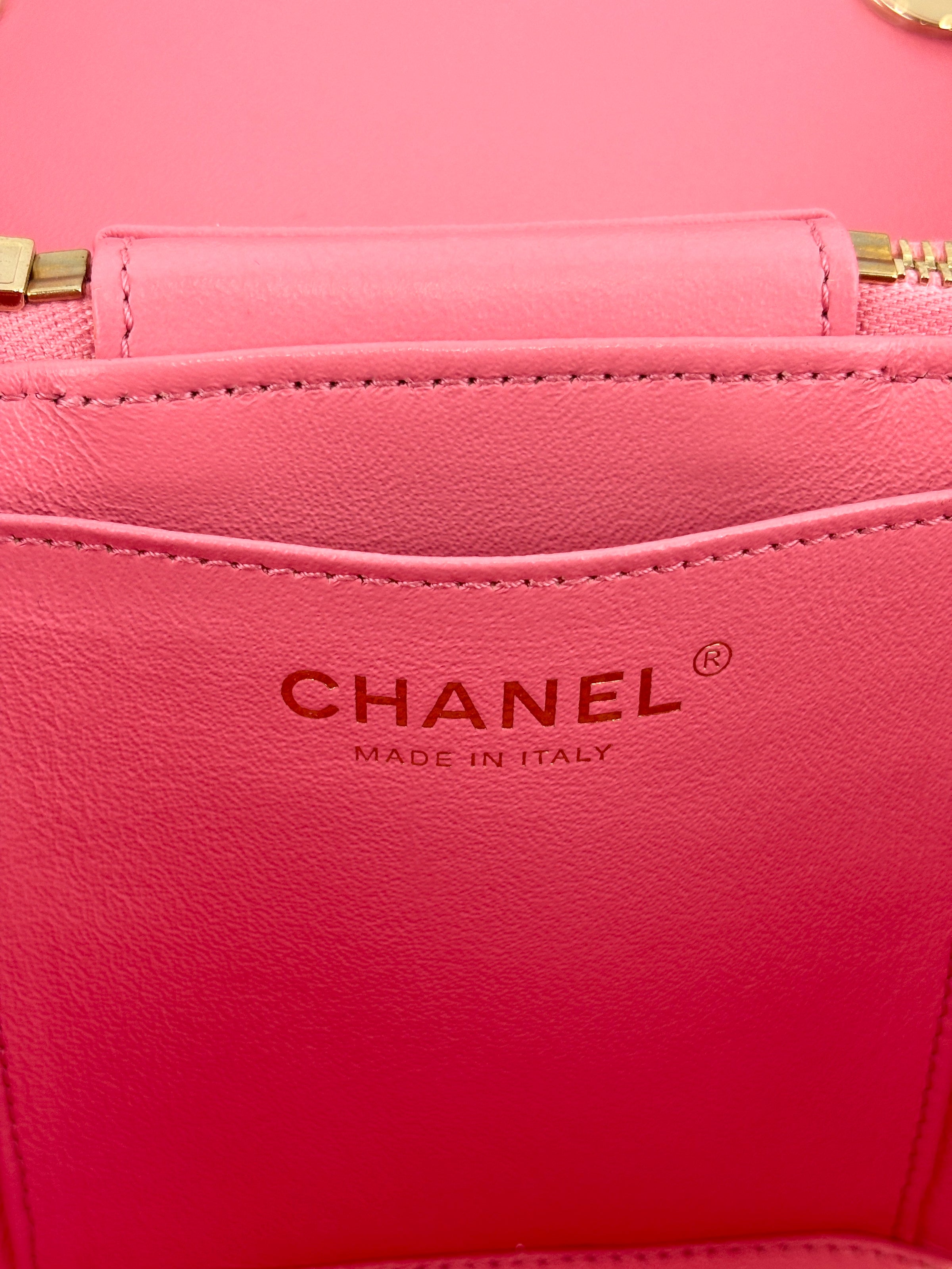 Pink Lambskin Trendy CC Top Handle Vanity Case With Chain LGHW