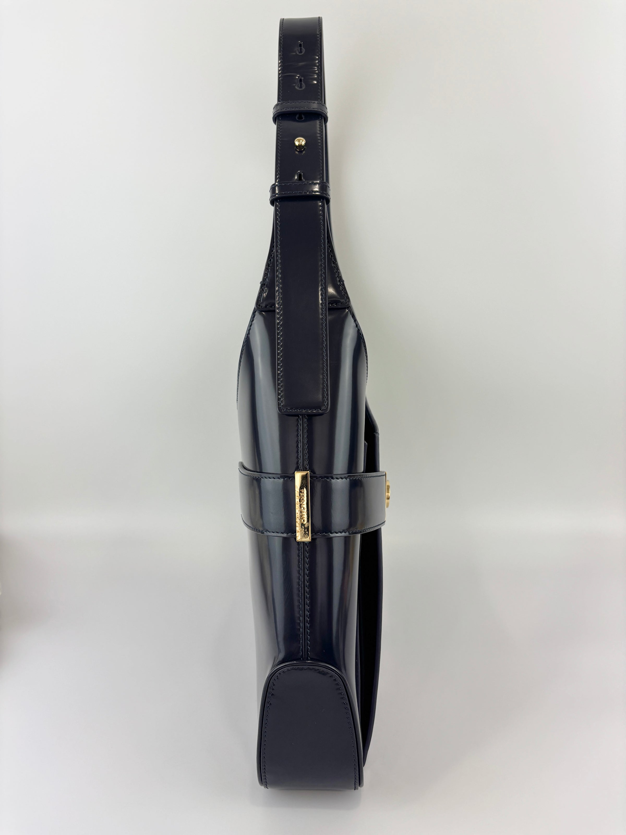 Large Brushed Calfskin Gancini Arch Shoulder Hobo Midnight Blue