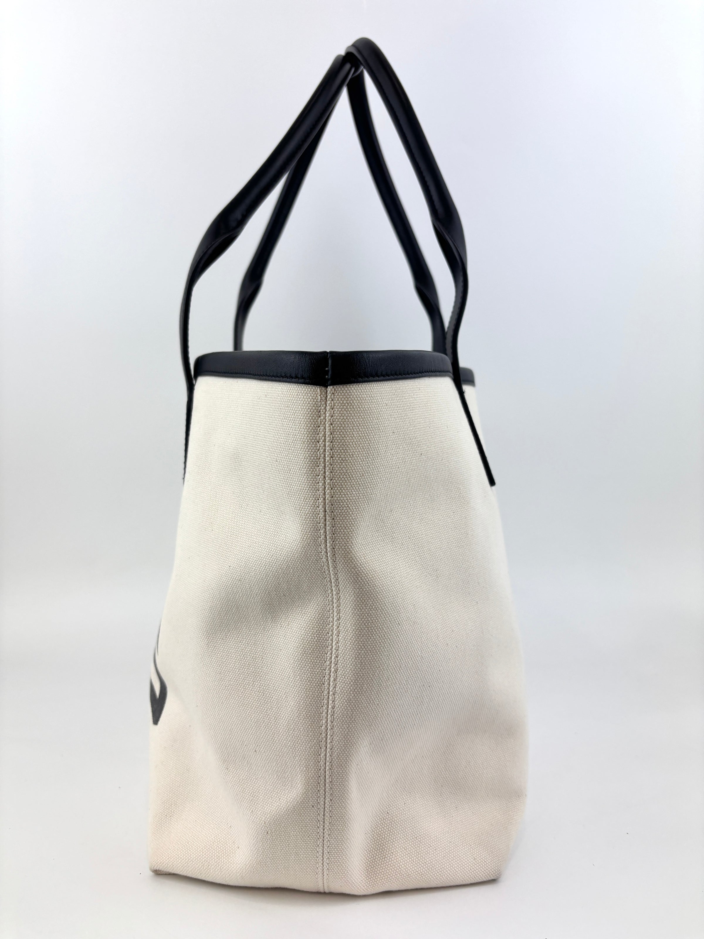 Cities Paris Jumbo Small Tote Bag In Beige Canvas With Black Leather Trim