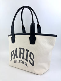 Cities Paris Jumbo Small Tote Bag In Beige Canvas With Black Leather Trim