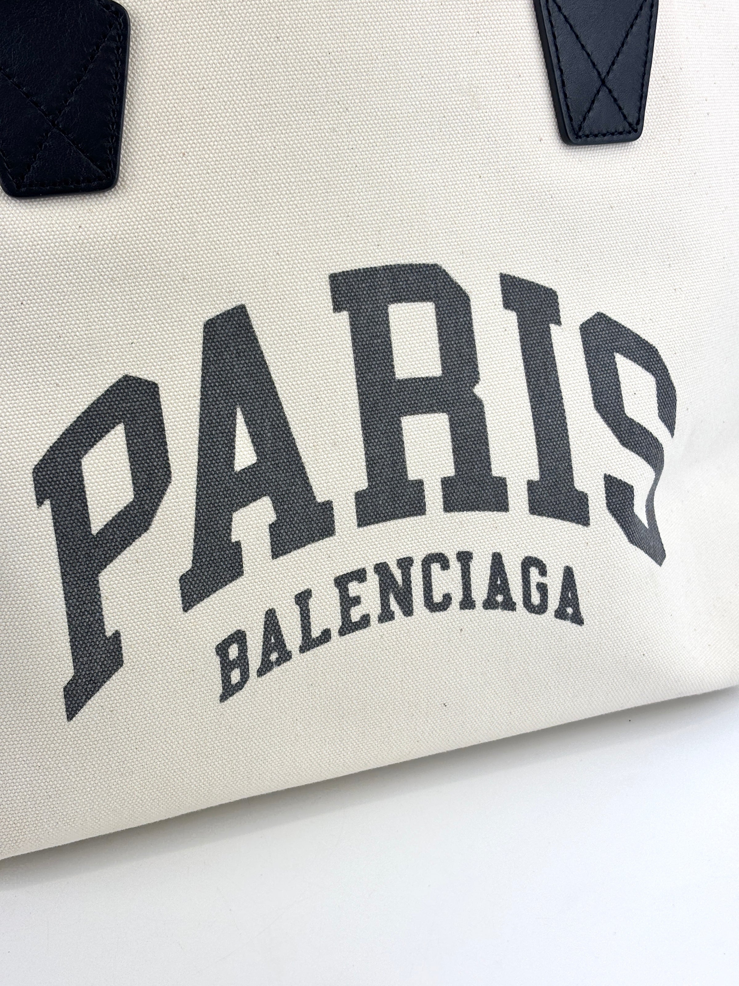 Cities Paris Jumbo Small Tote Bag In Beige Canvas With Black Leather Trim