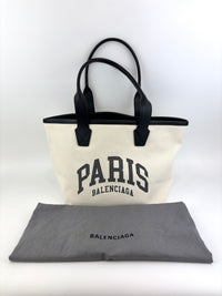 Cities Paris Jumbo Small Tote Bag In Beige Canvas With Black Leather Trim