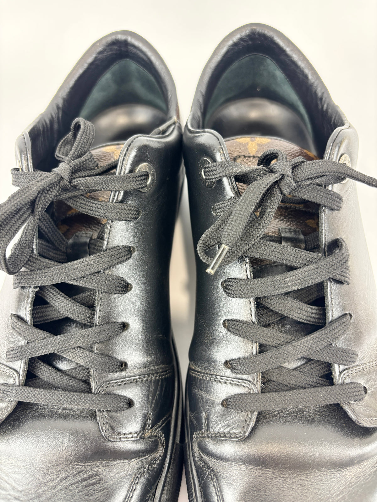 Brown Monogram Canvas & Black Leather Low Top Sneakers Size 9