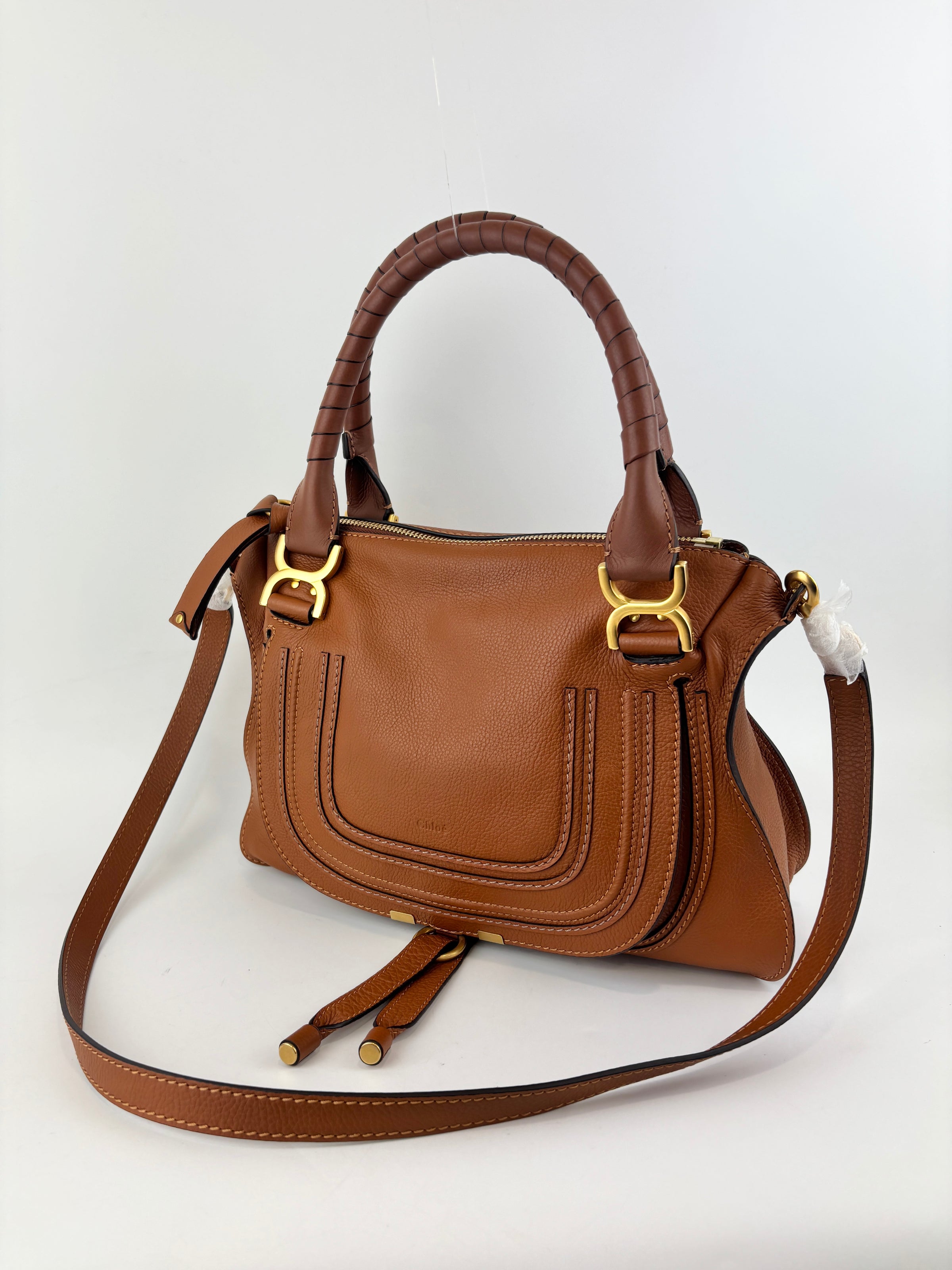 Medium Marcie Tan Brown Grained Leather Satchel Bag