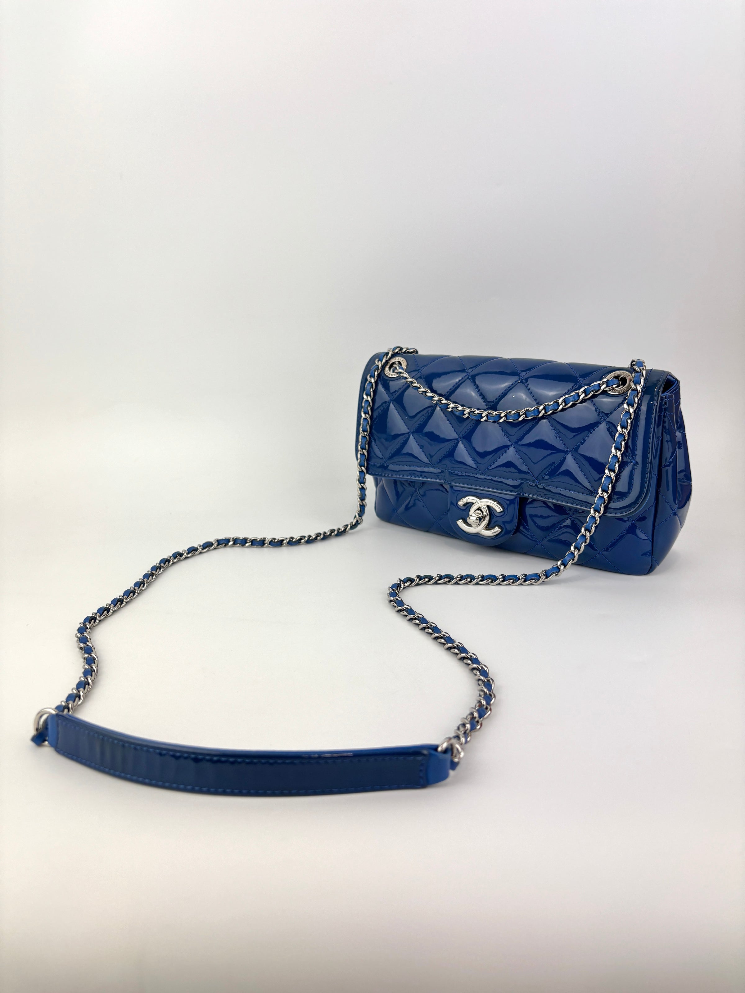 Patent Quilted Small Coco Shine Flap in Blue SHW