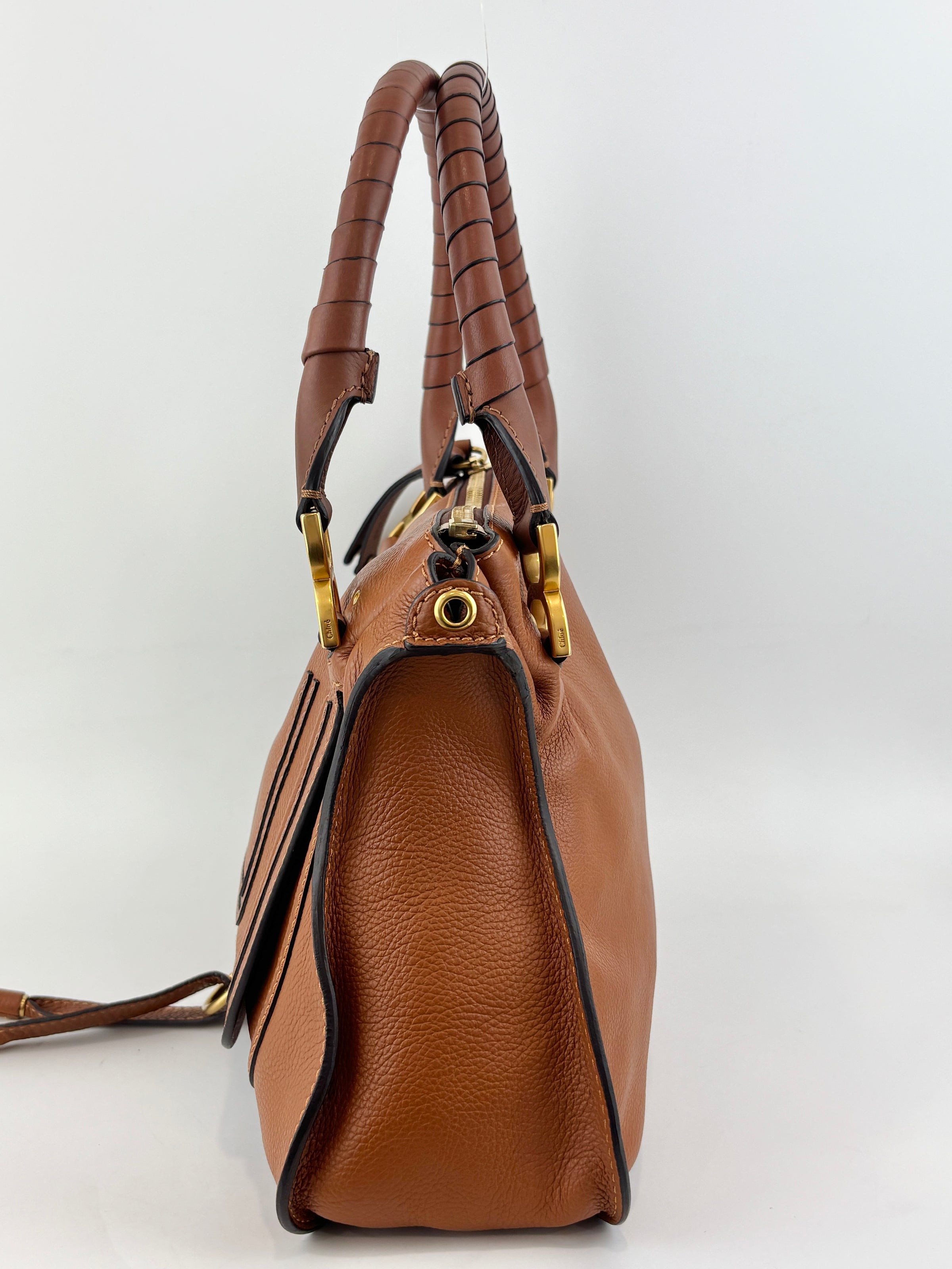 Medium Marcie Tan Brown Grained Leather Satchel Bag