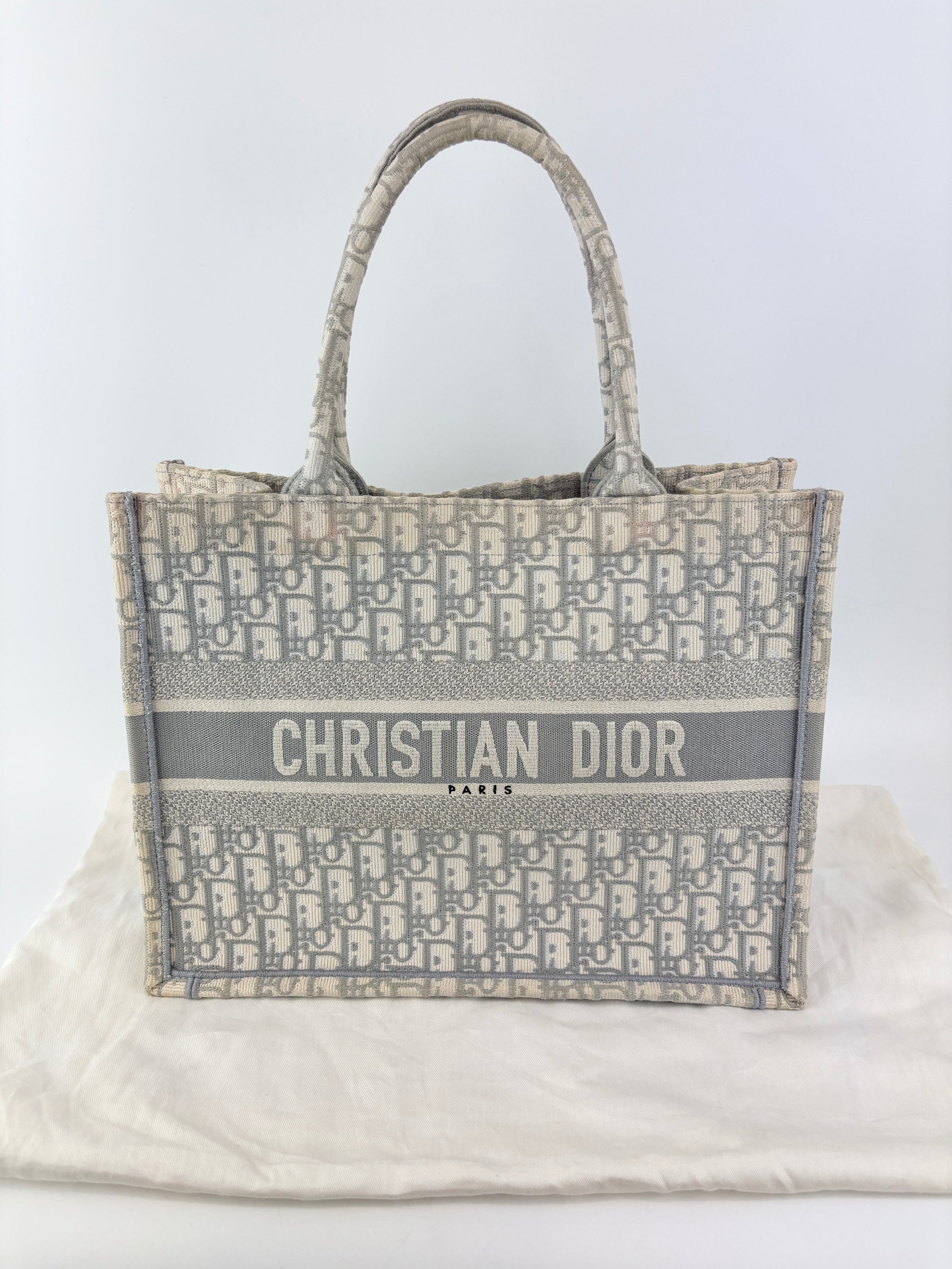 Medium Dior Book Tote Ecru and Gray Dior Oblique Embroidery