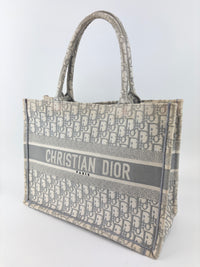 Medium Dior Book Tote Ecru and Gray Dior Oblique Embroidery