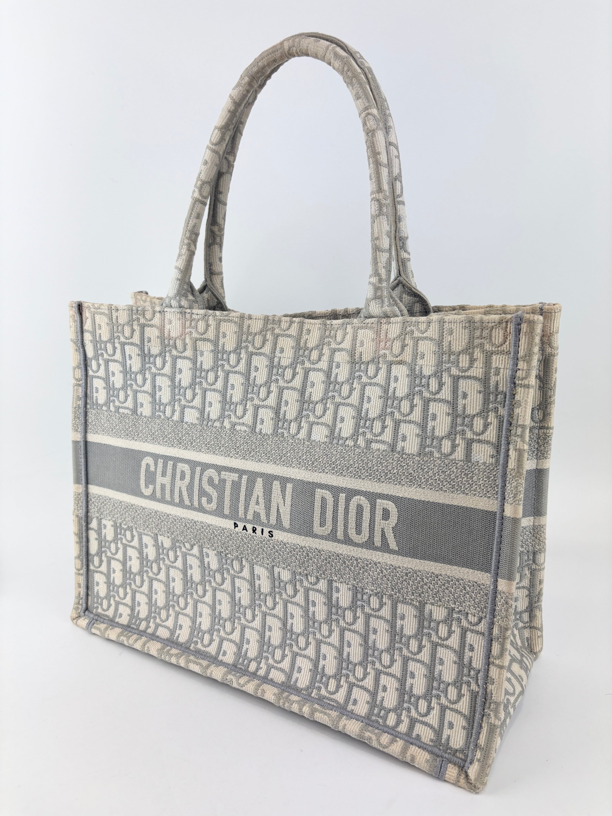 Medium Dior Book Tote Ecru and Gray Dior Oblique Embroidery