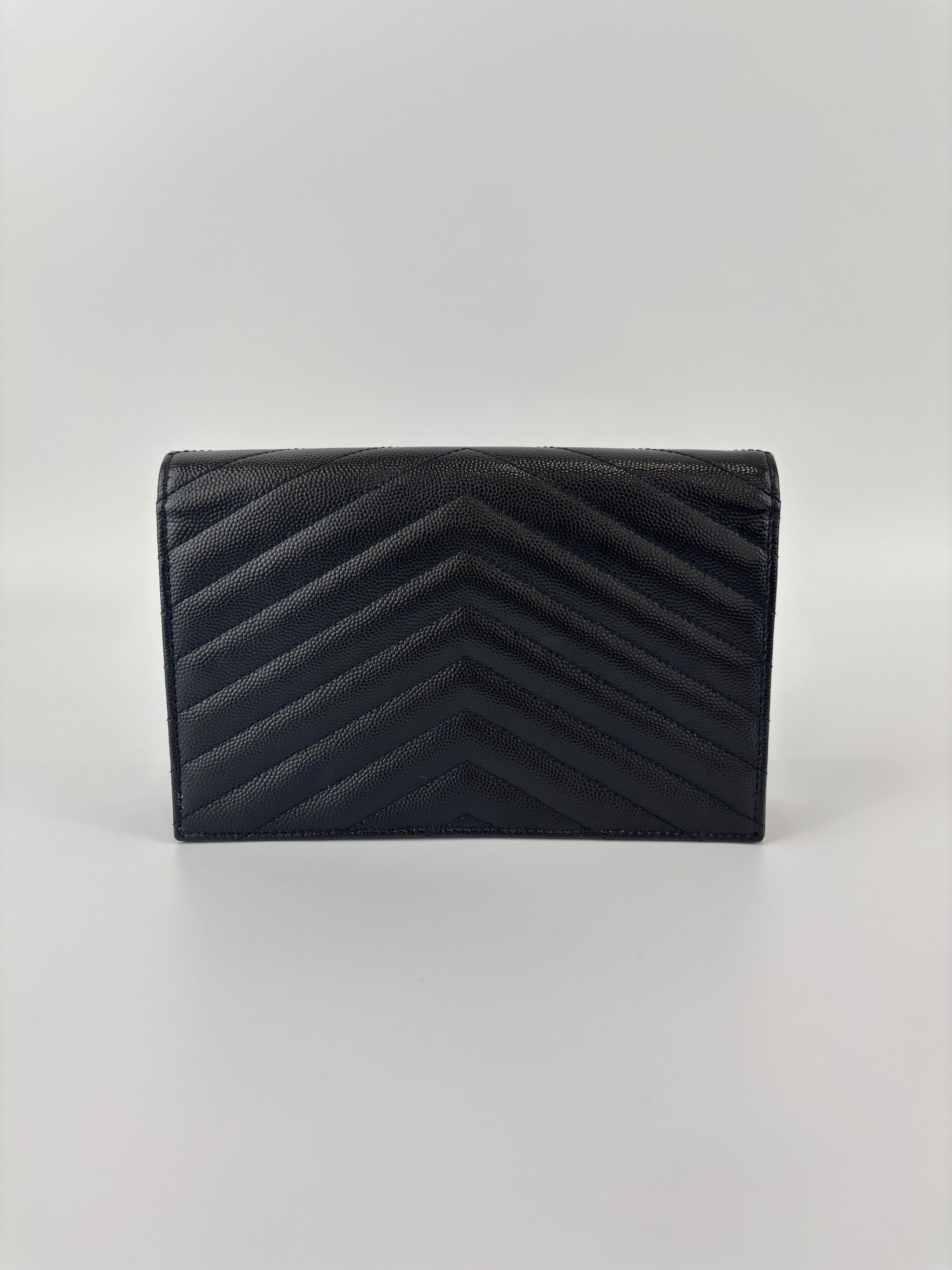 Envelope Chain Wallet in Black Grain de Poudre Embossed Leather