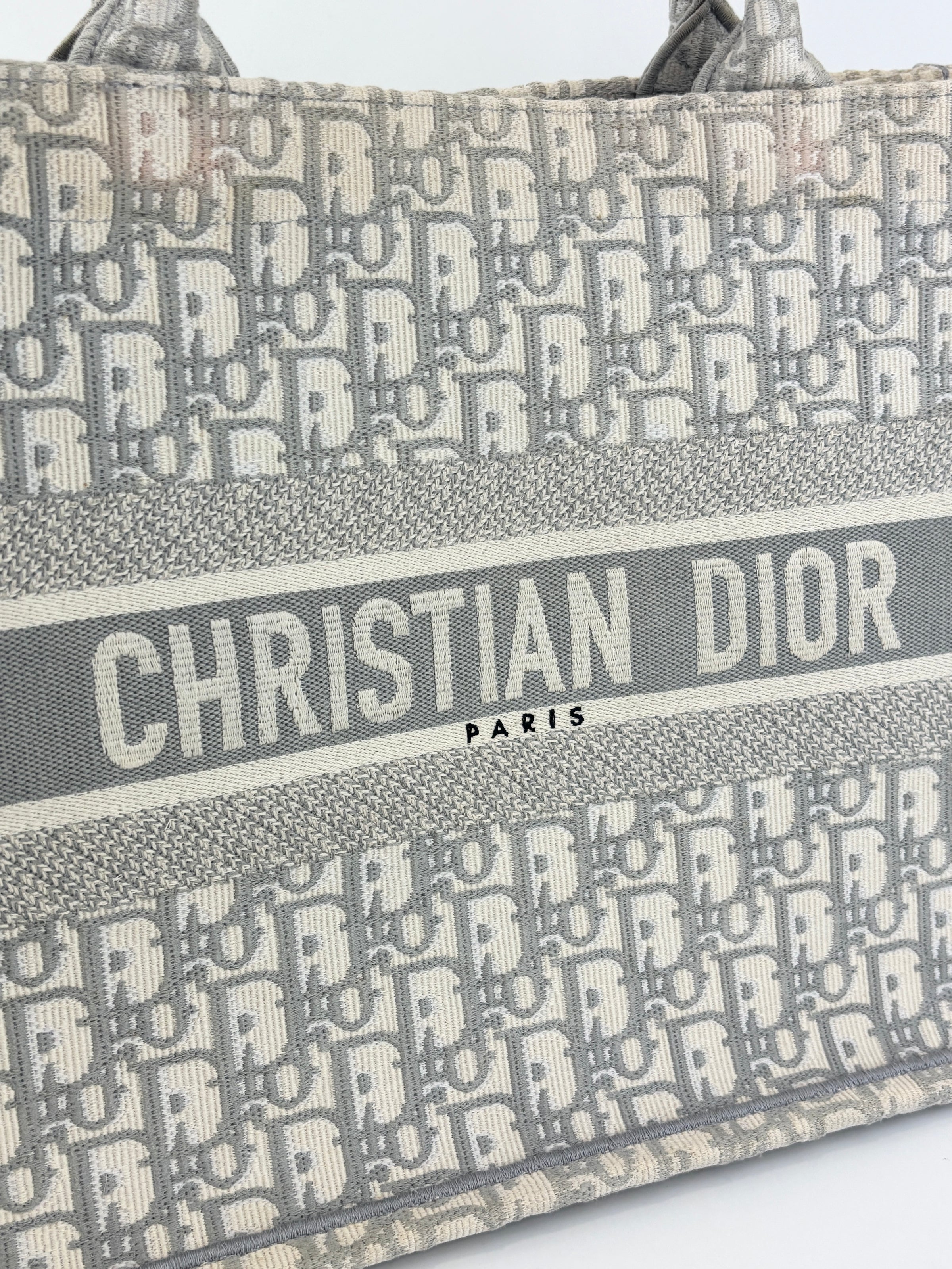 Medium Dior Book Tote Ecru and Gray Dior Oblique Embroidery