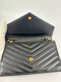 Envelope Chain Wallet in Black Grain de Poudre Embossed Leather