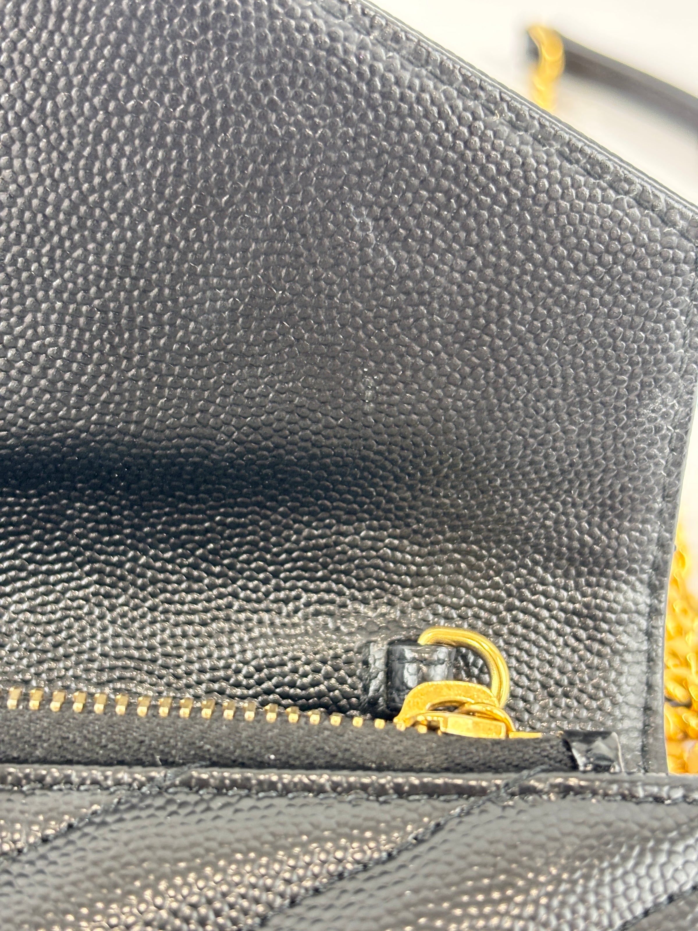 Envelope Chain Wallet in Black Grain de Poudre Embossed Leather