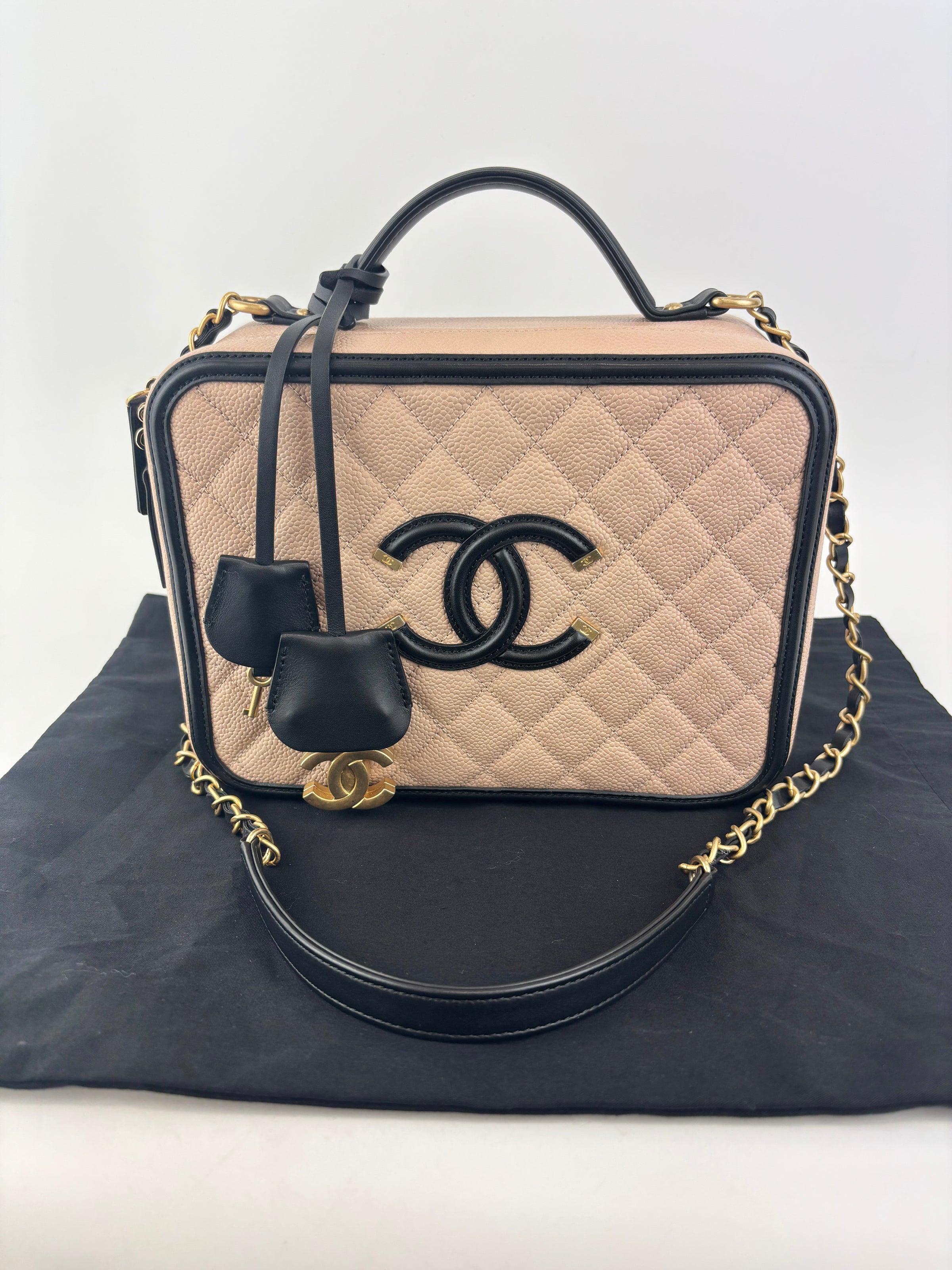 CC Filigree Vanity Case in Beige/Black Caviar Leather AGHW