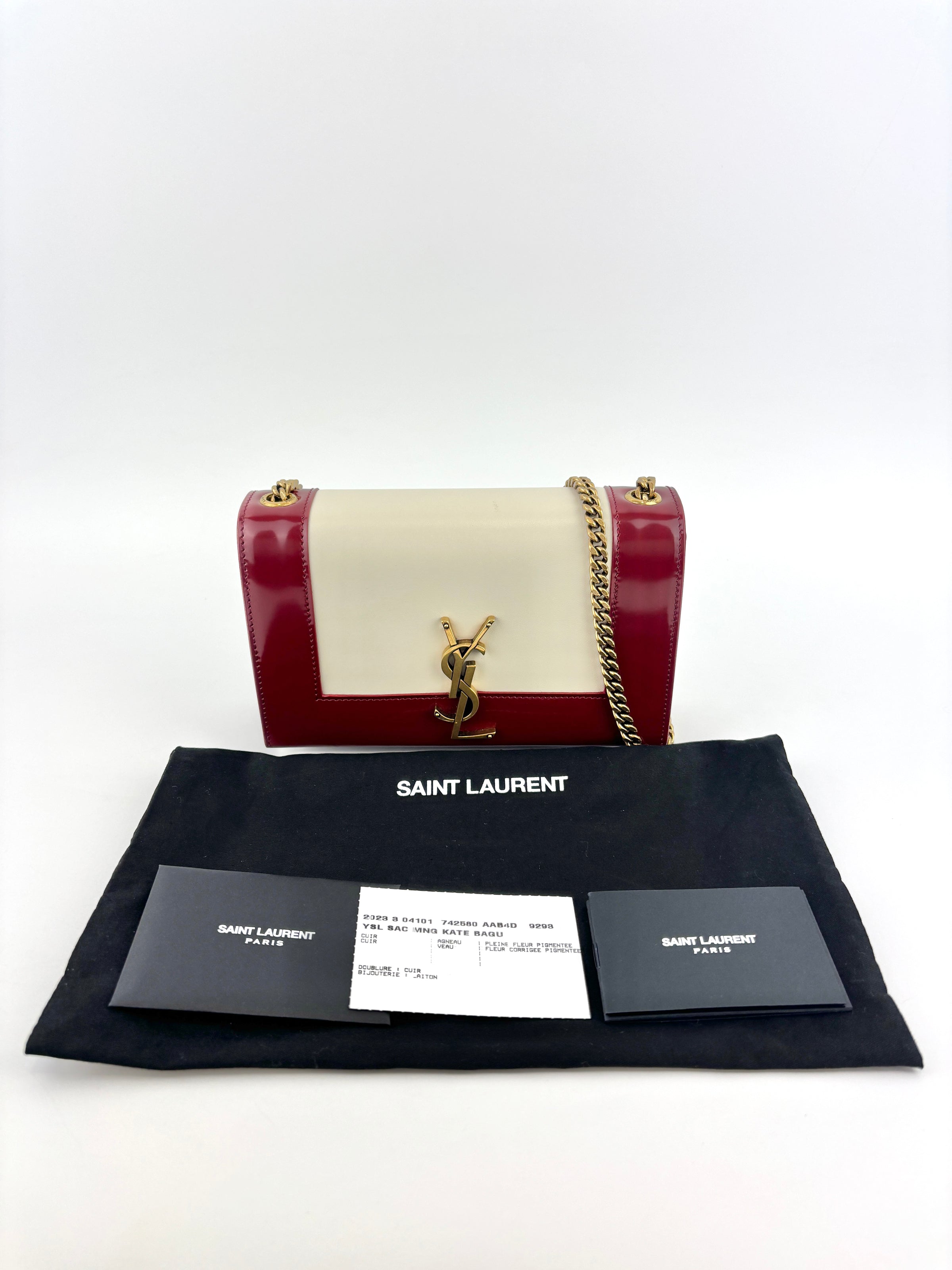 Kate Small Chain Bag in Off White Lambskin &amp; Oxblood Red Patent Border