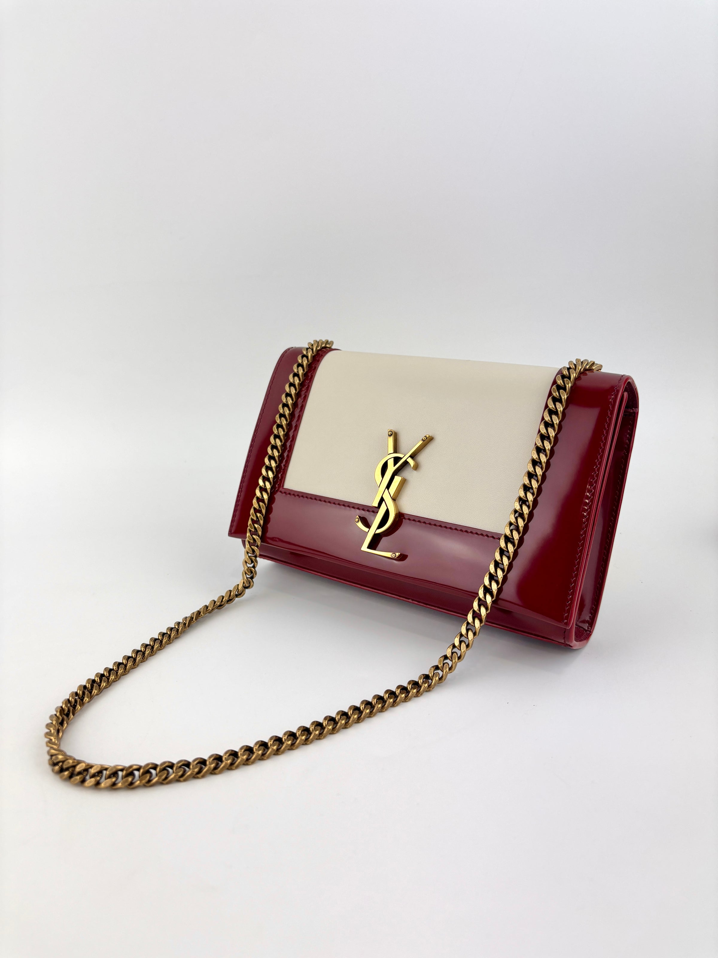Kate Small Chain Bag in Off White Lambskin &amp; Oxblood Red Patent Border