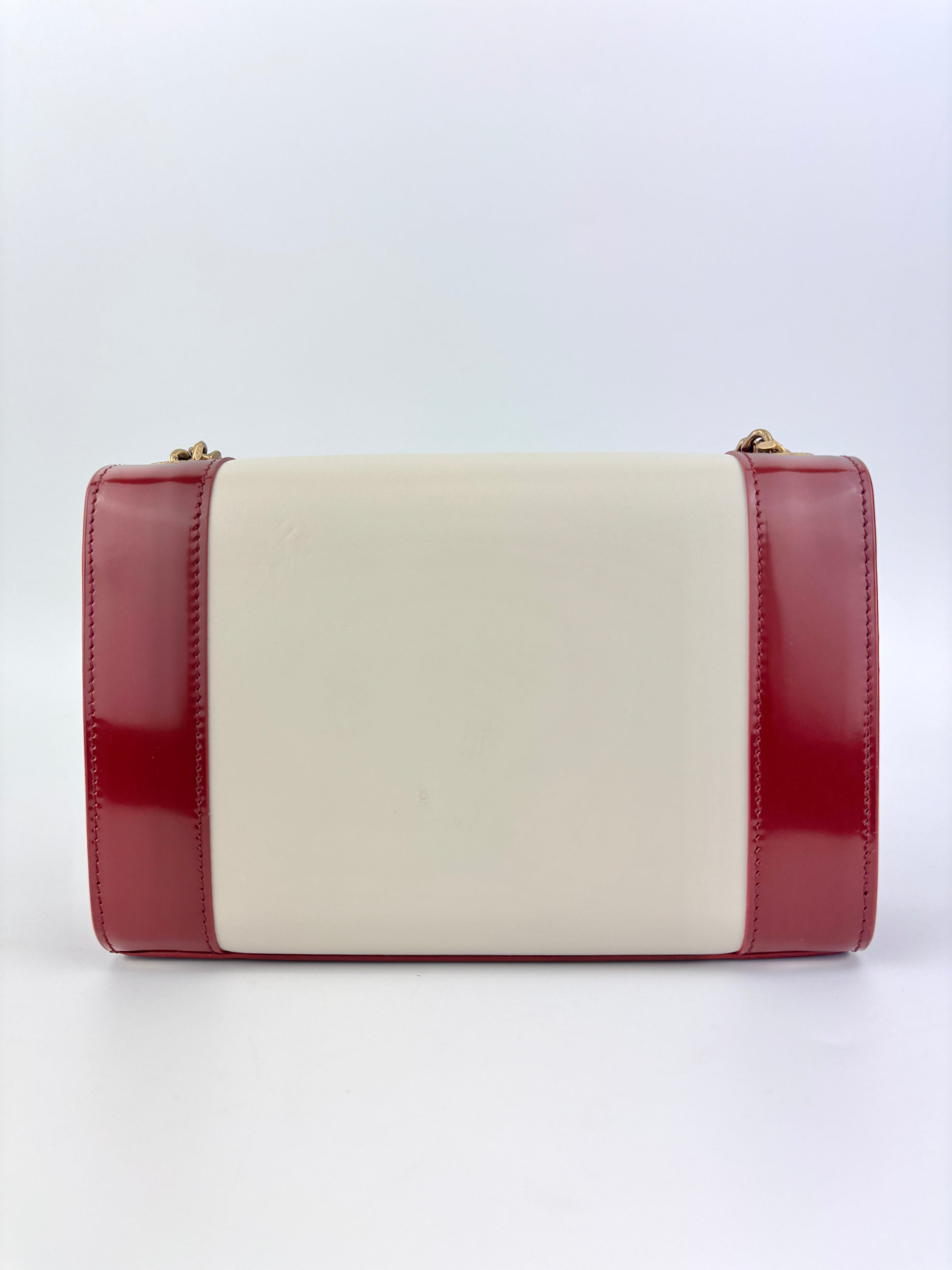 Kate Small Chain Bag in Off White Lambskin &amp; Oxblood Red Patent Border