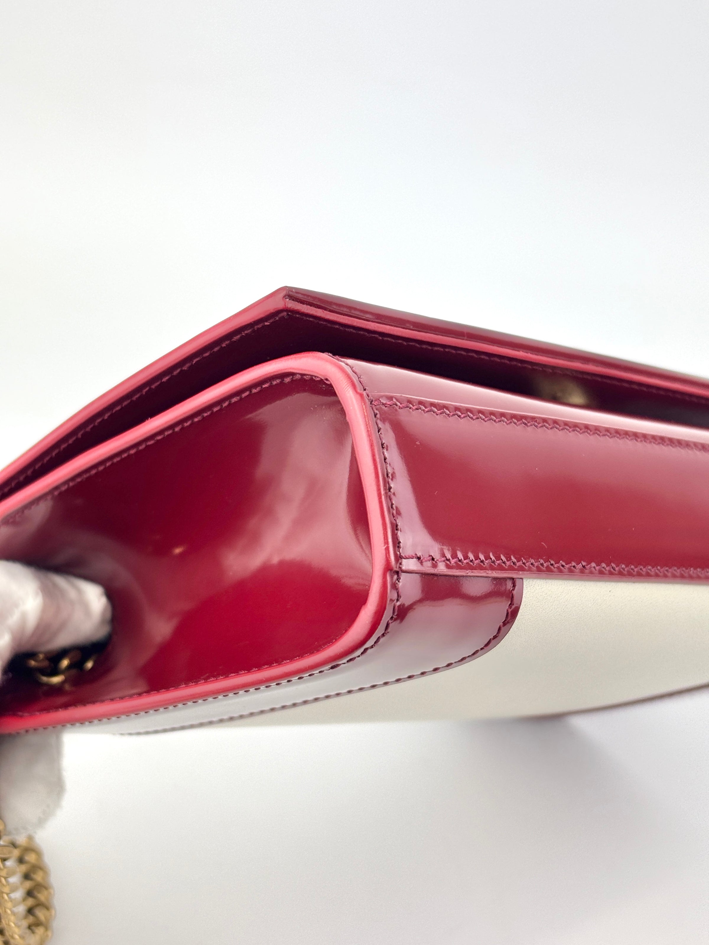 Kate Small Chain Bag in Off White Lambskin &amp; Oxblood Red Patent Border