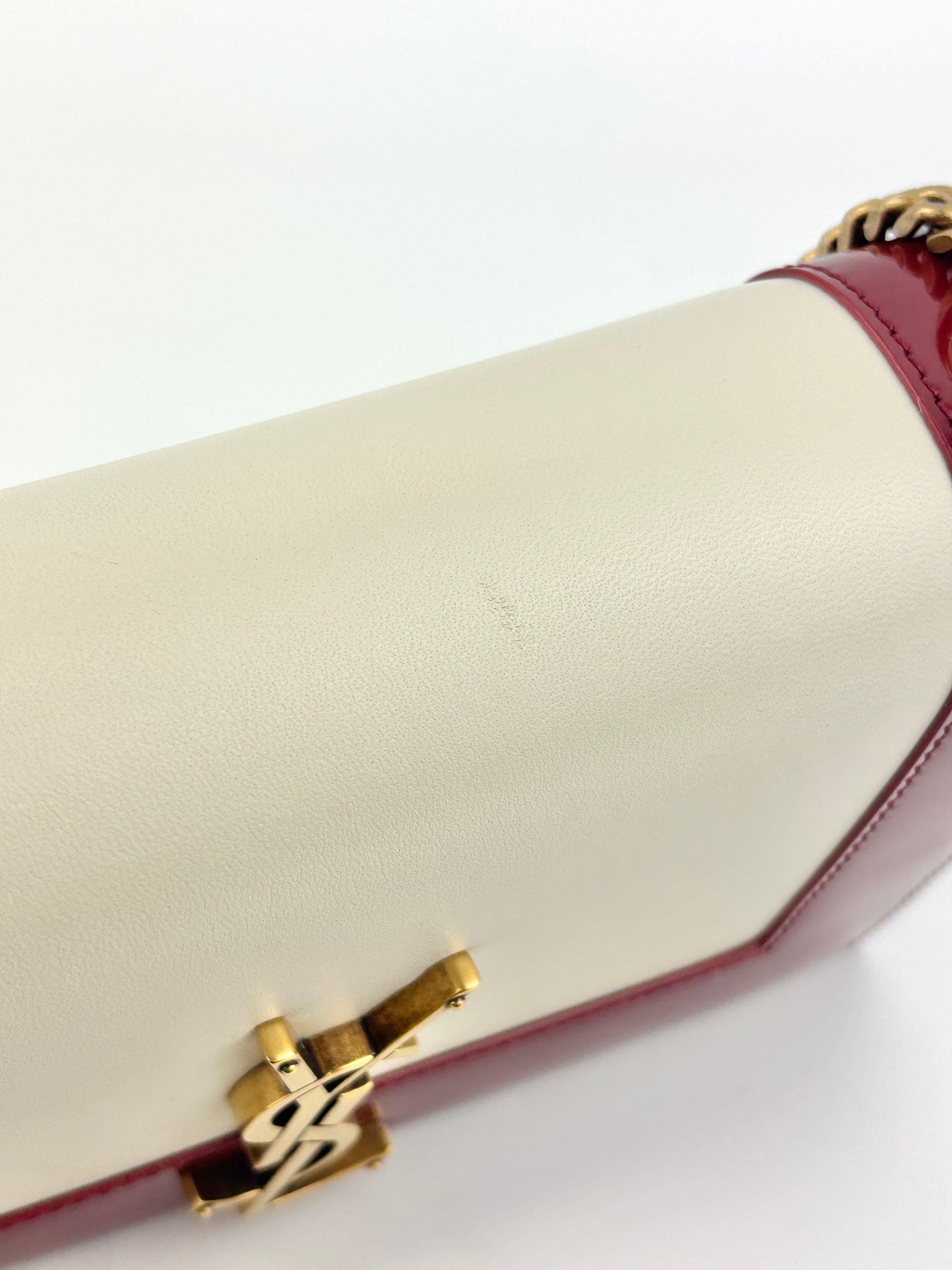 Kate Small Chain Bag in Off White Lambskin &amp; Oxblood Red Patent Border