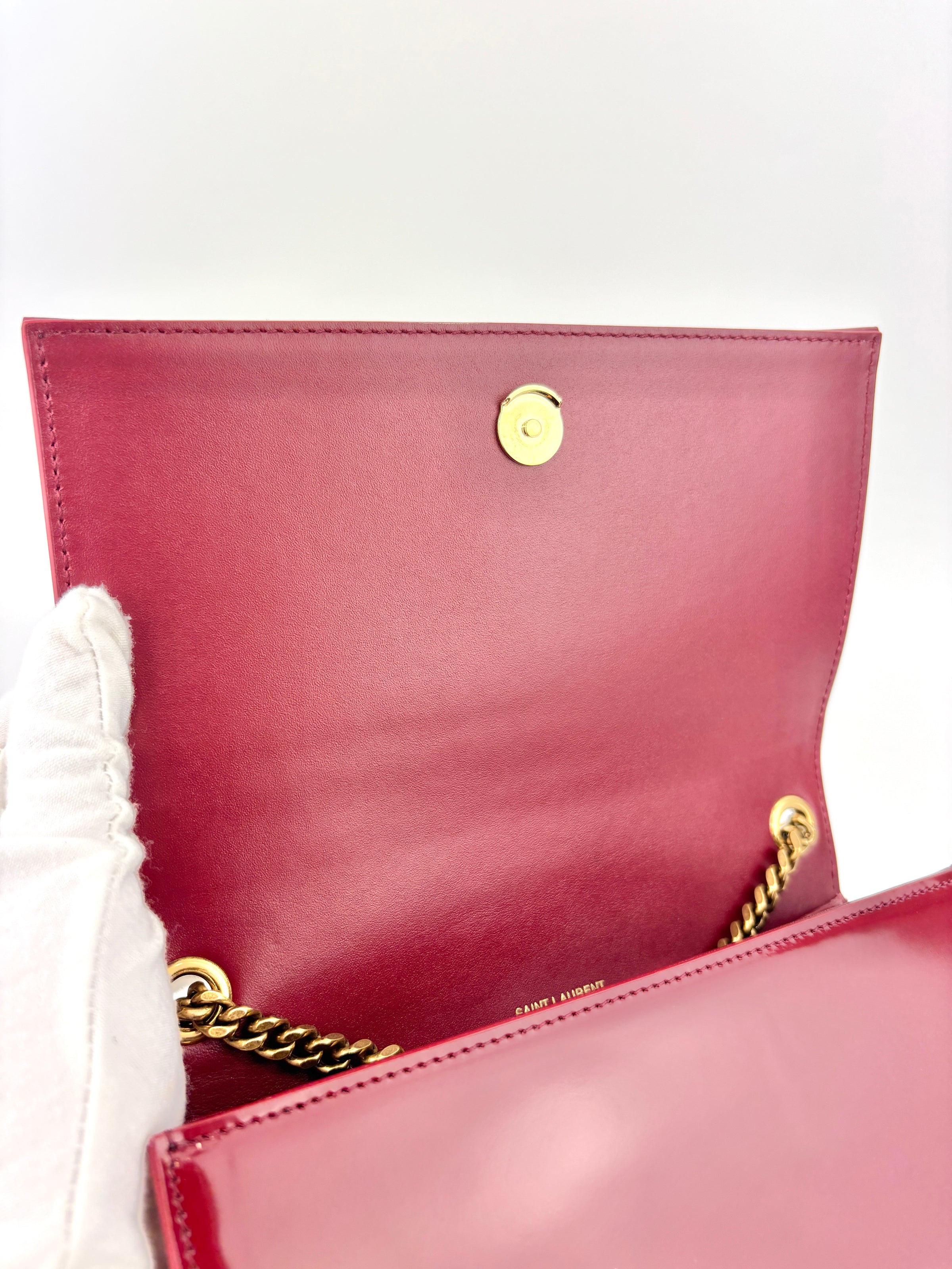 Kate Small Chain Bag in Off White Lambskin &amp; Oxblood Red Patent Border