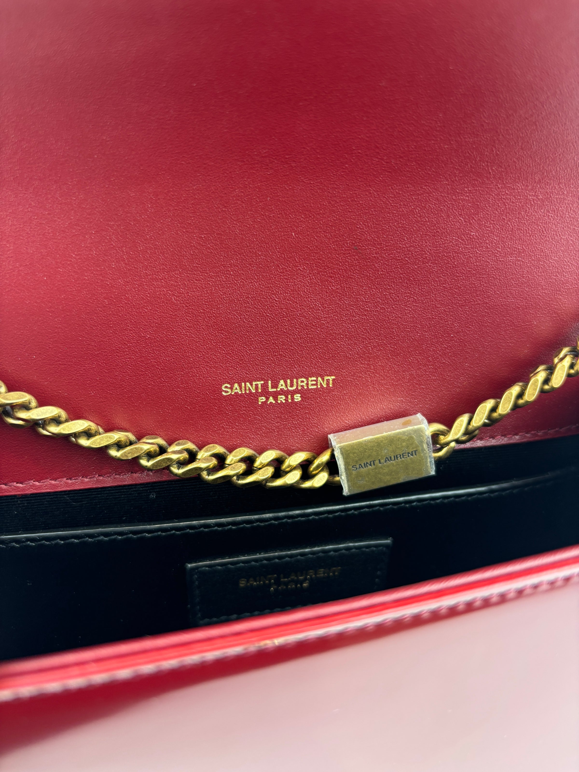 Kate Small Chain Bag in Off White Lambskin &amp; Oxblood Red Patent Border