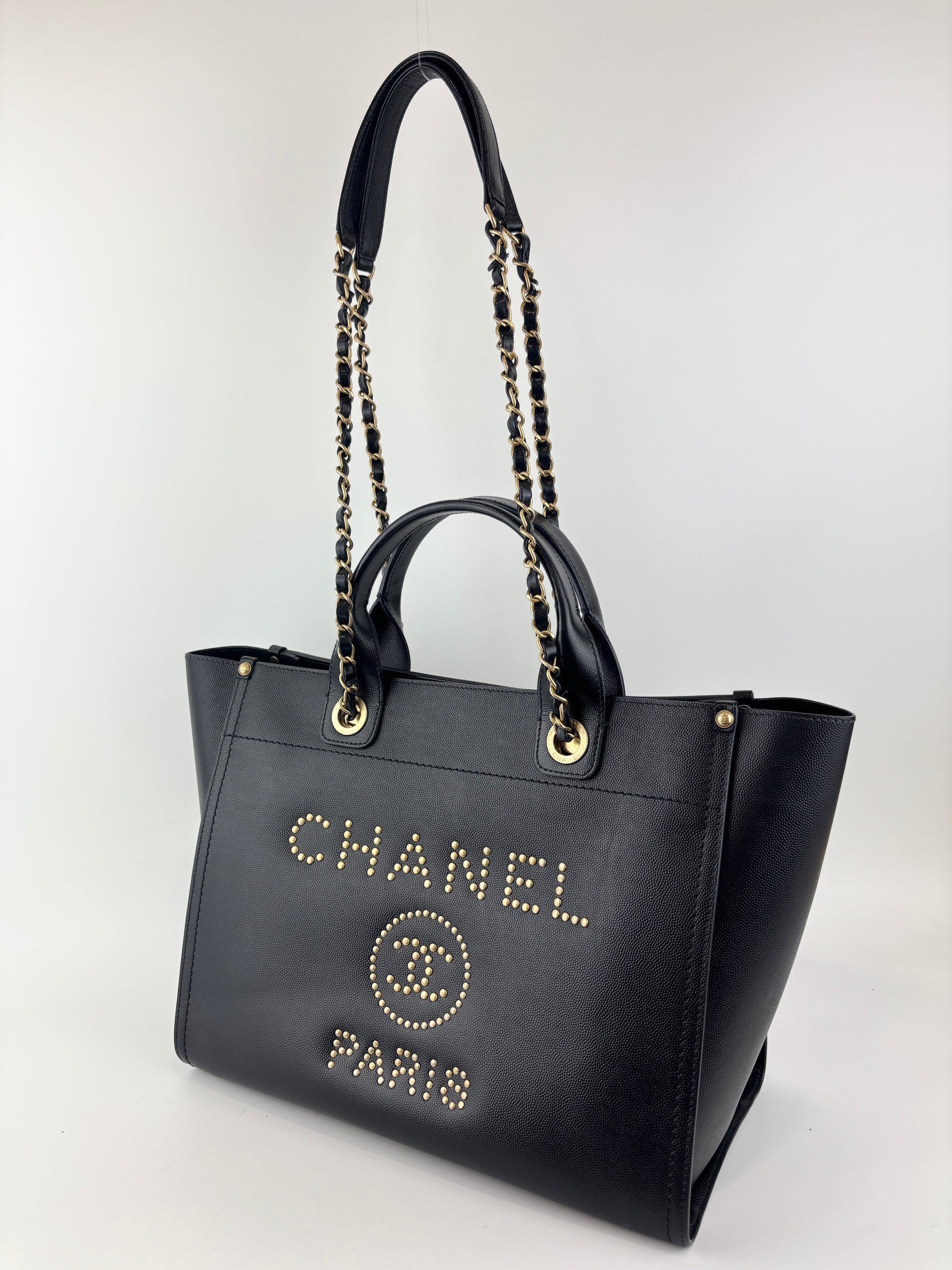Small Deauville Tote in Black Studded Caviar Leather
