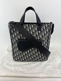 Saddle Tote in Blue Oblique Jacquard Canvas and Leather