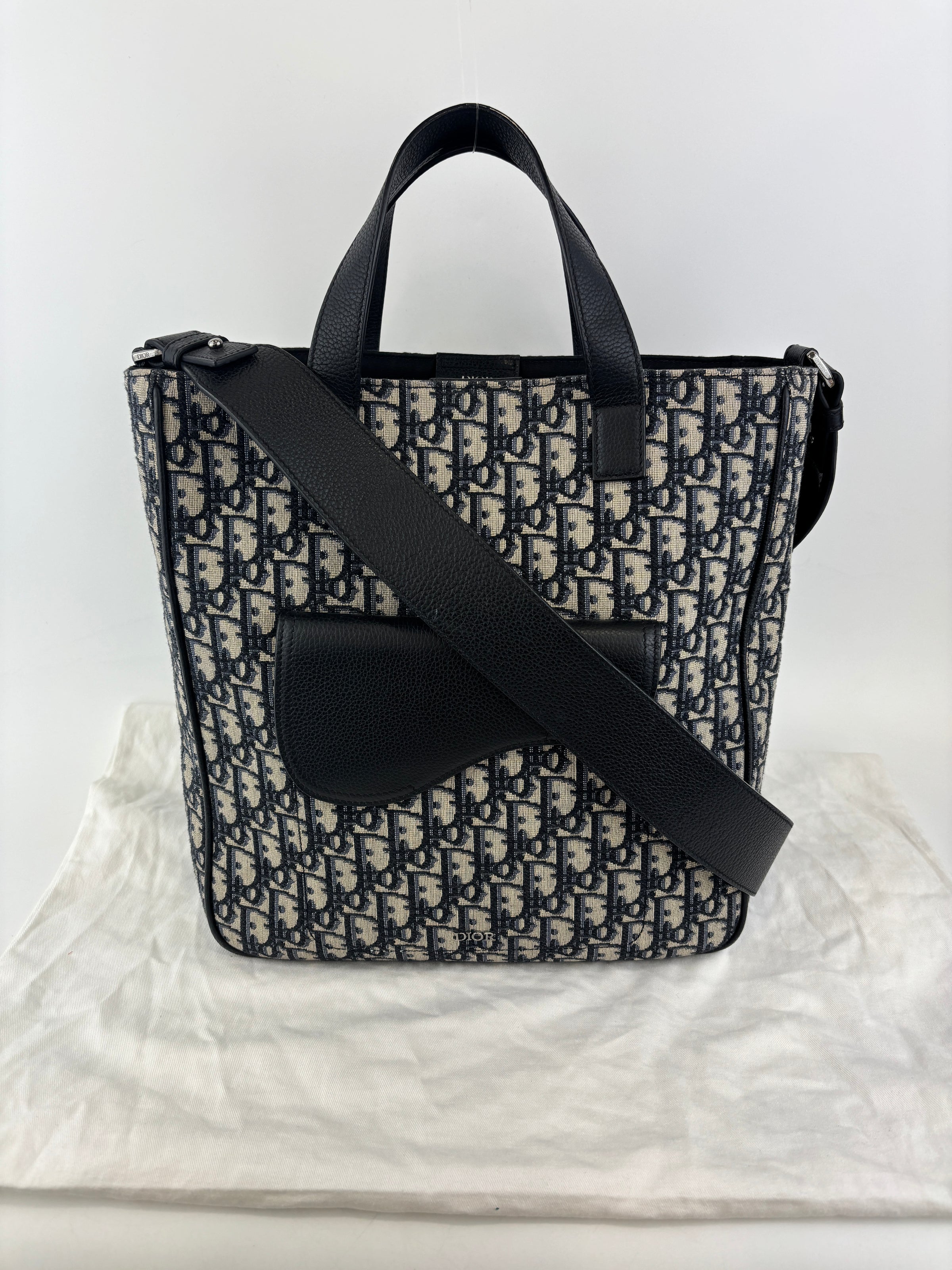Saddle Tote in Blue Oblique Jacquard Canvas and Leather