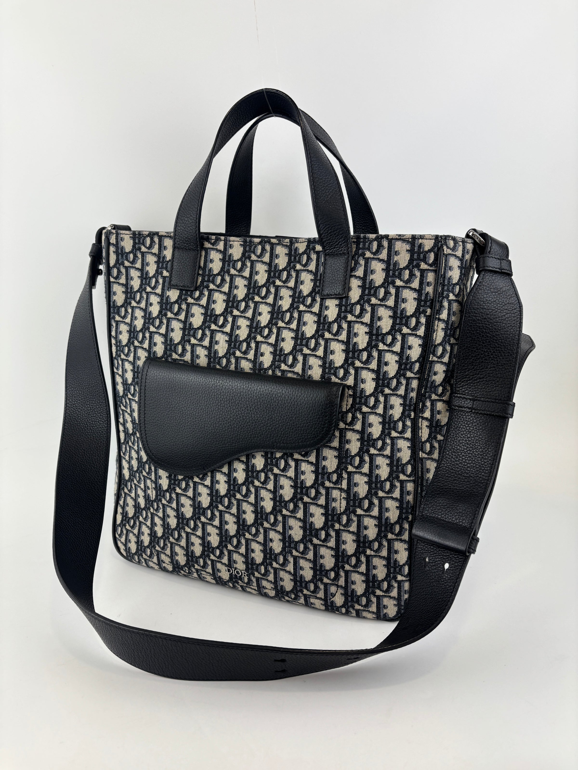 Saddle Tote in Blue Oblique Jacquard Canvas and Leather