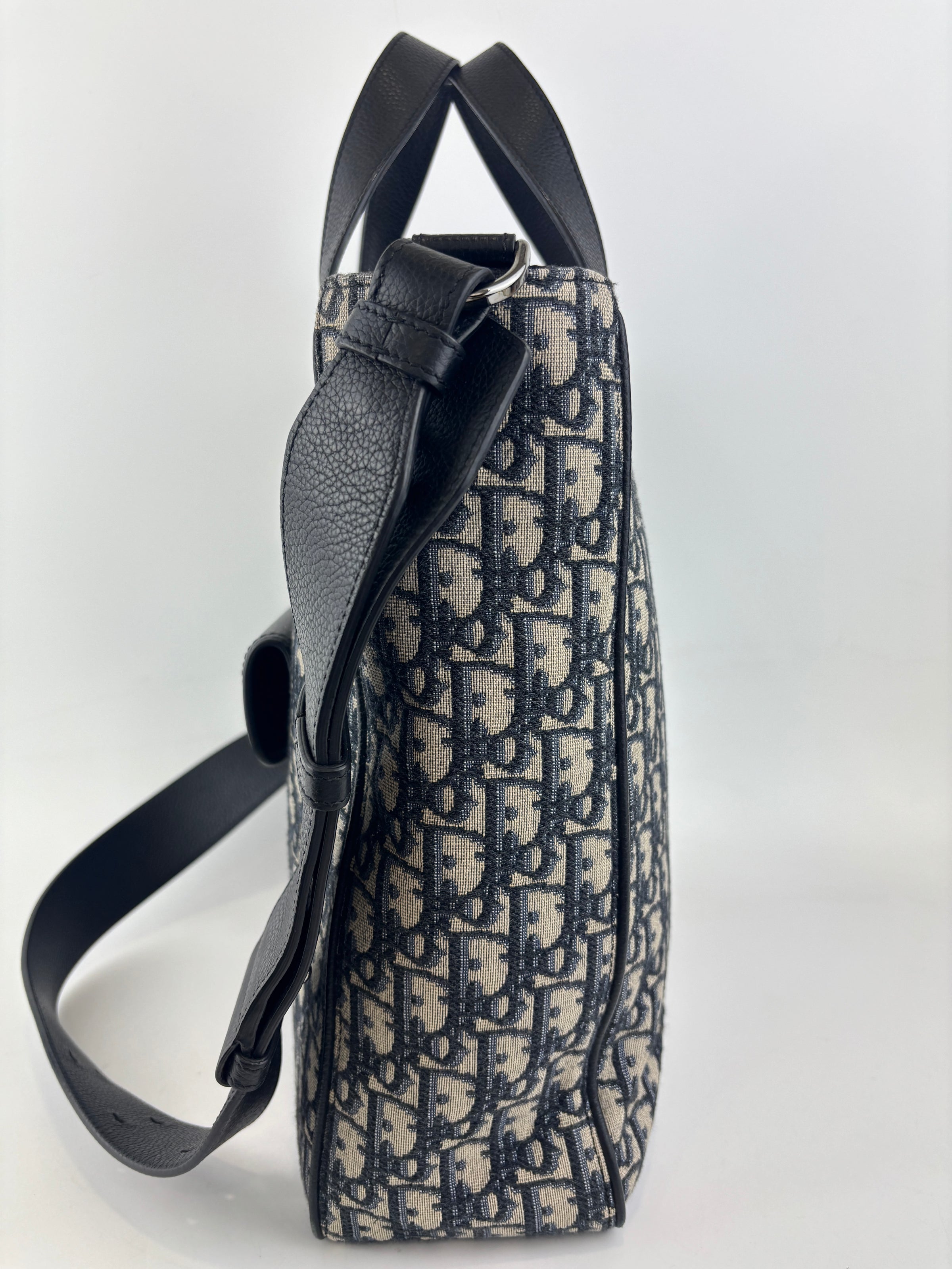 Saddle Tote in Blue Oblique Jacquard Canvas and Leather
