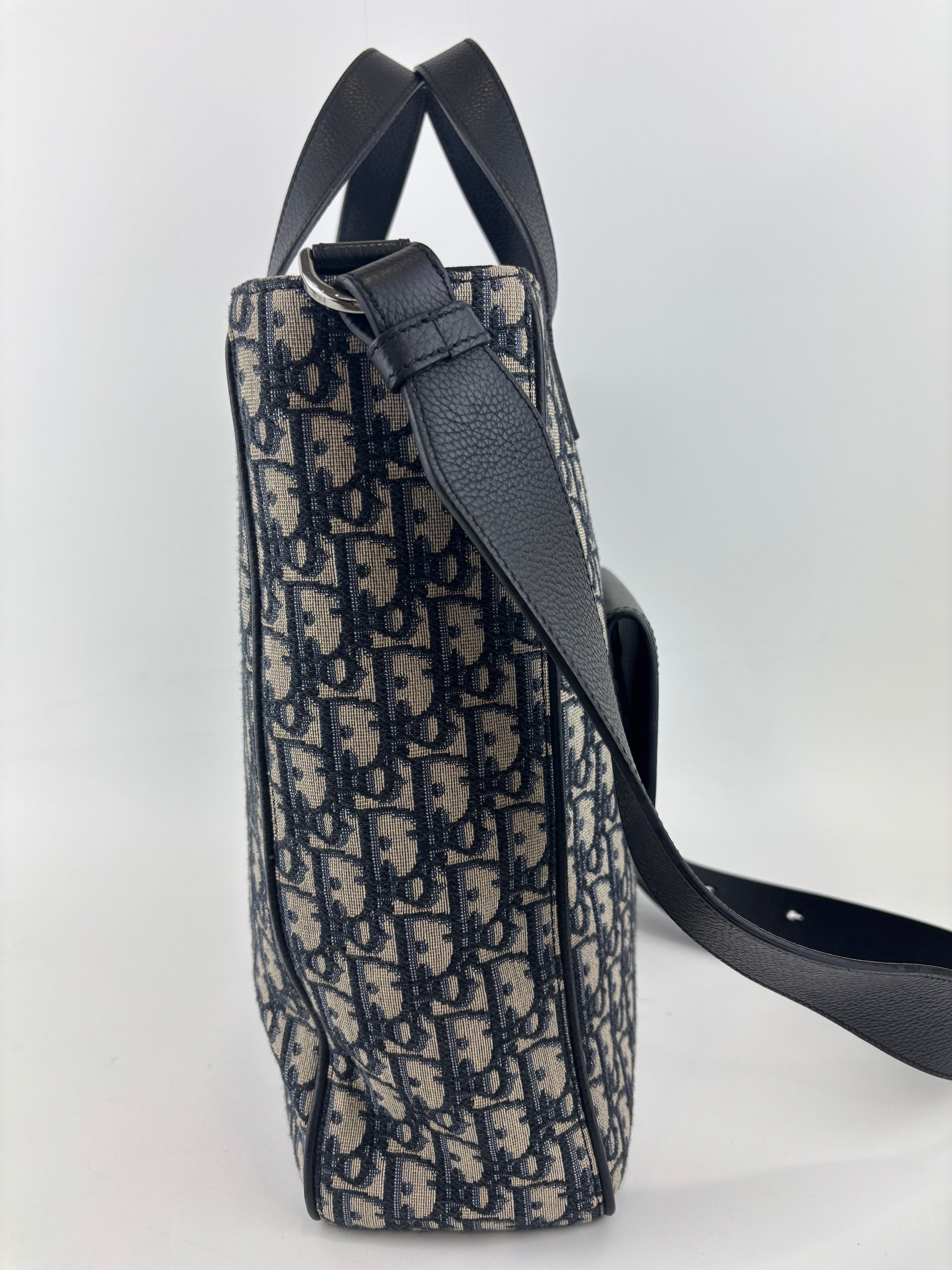 Saddle Tote in Blue Oblique Jacquard Canvas and Leather