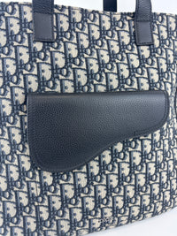 Saddle Tote in Blue Oblique Jacquard Canvas and Leather