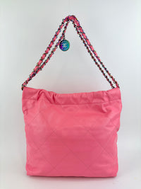 AS3260 22 Drawstring Rainbow Hardware Shiny Calfskin Quilted Pink