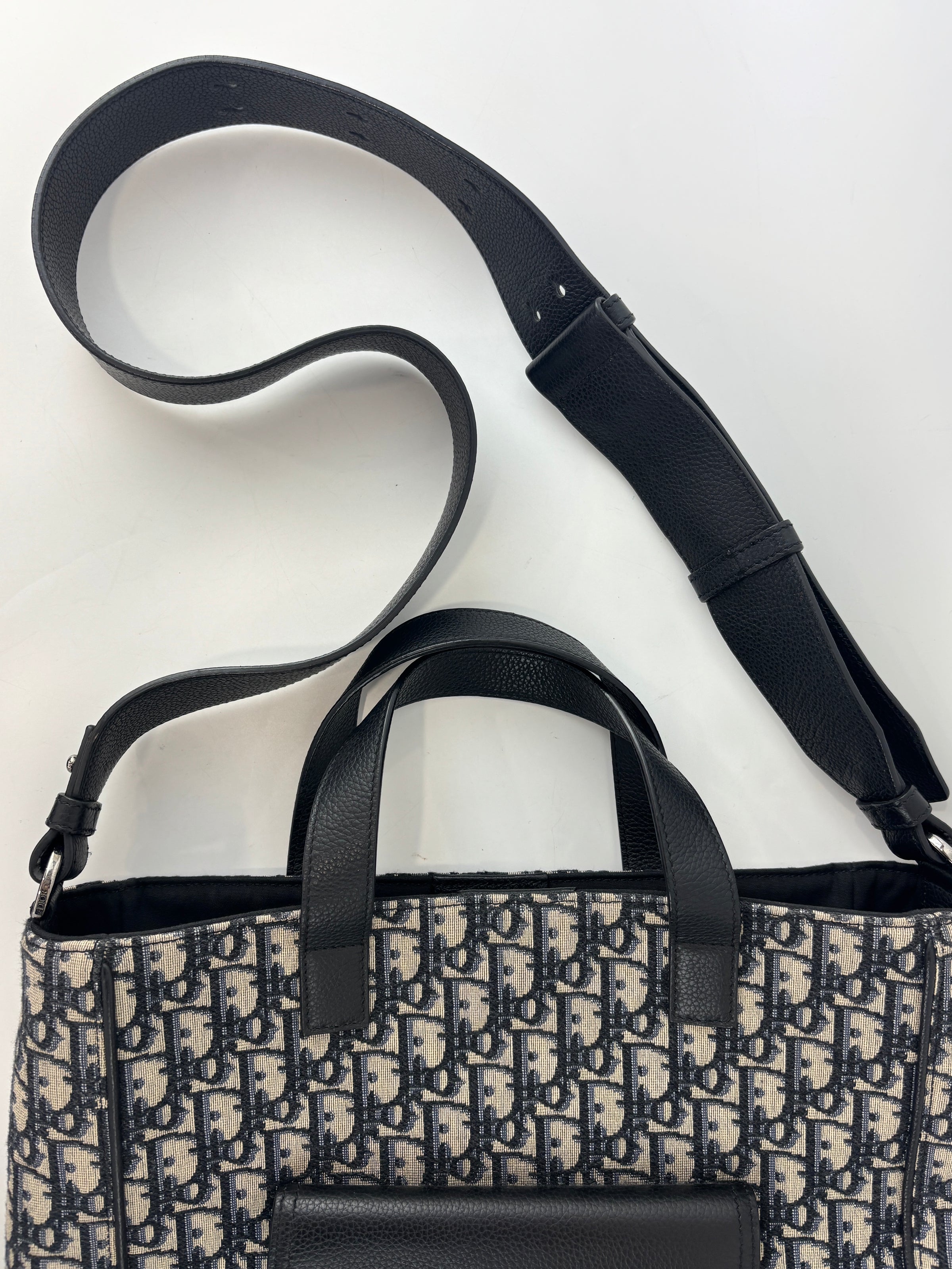Saddle Tote in Blue Oblique Jacquard Canvas and Leather