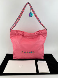 AS3260 22 Drawstring Rainbow Hardware Shiny Calfskin Quilted Pink