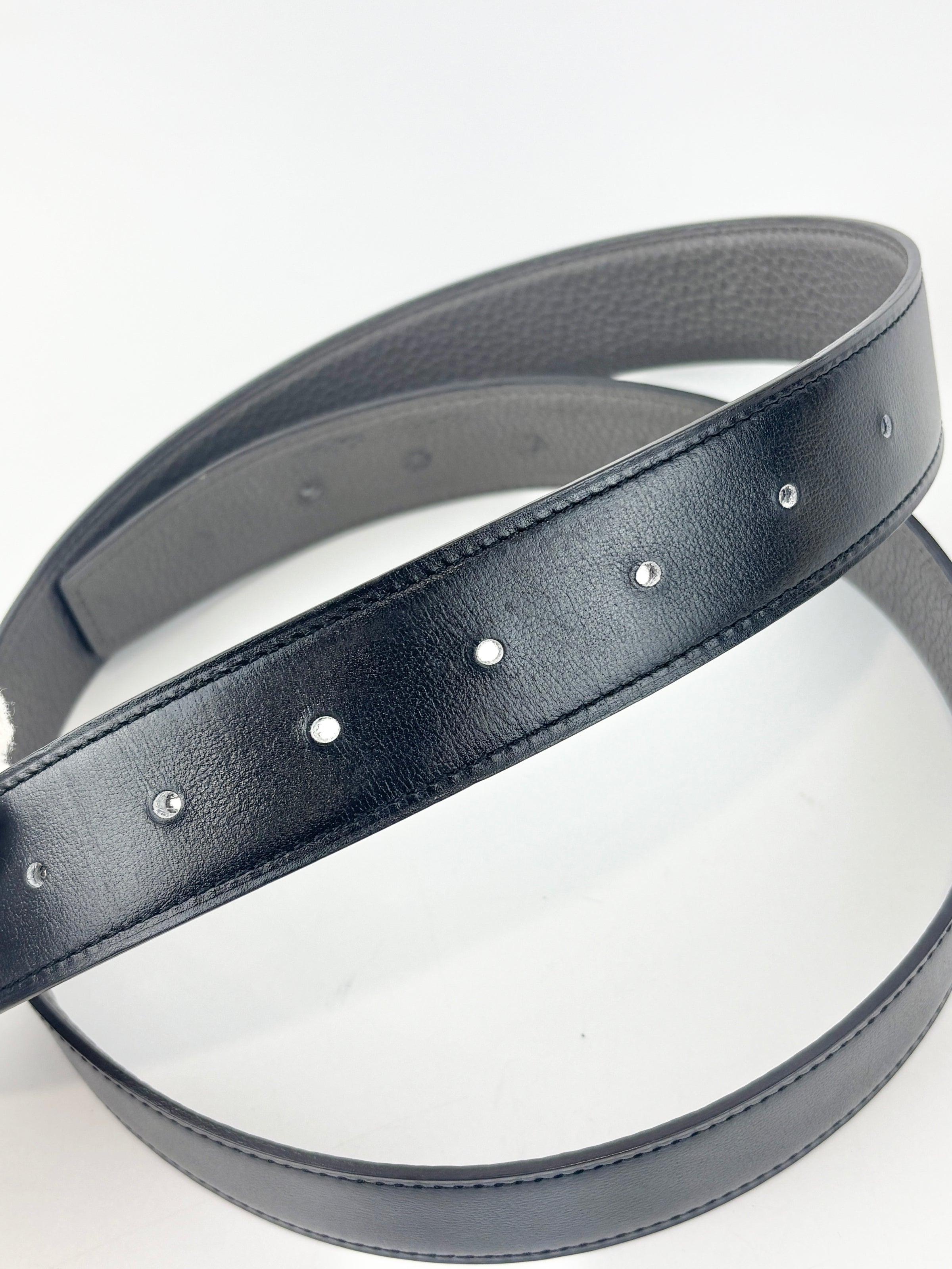 32mm H Brushed Palladium Belt Buckle & Etain Togo / Black Box 135 Reversible Leather Strap Size 90