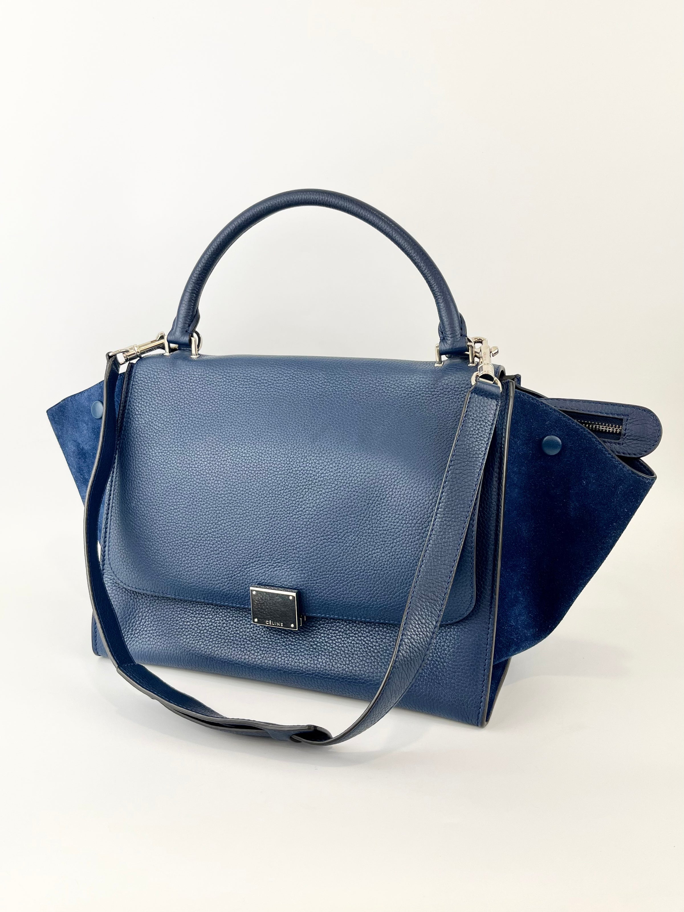 Blue Pebbled Leather Suede Medium Trapeze Bag