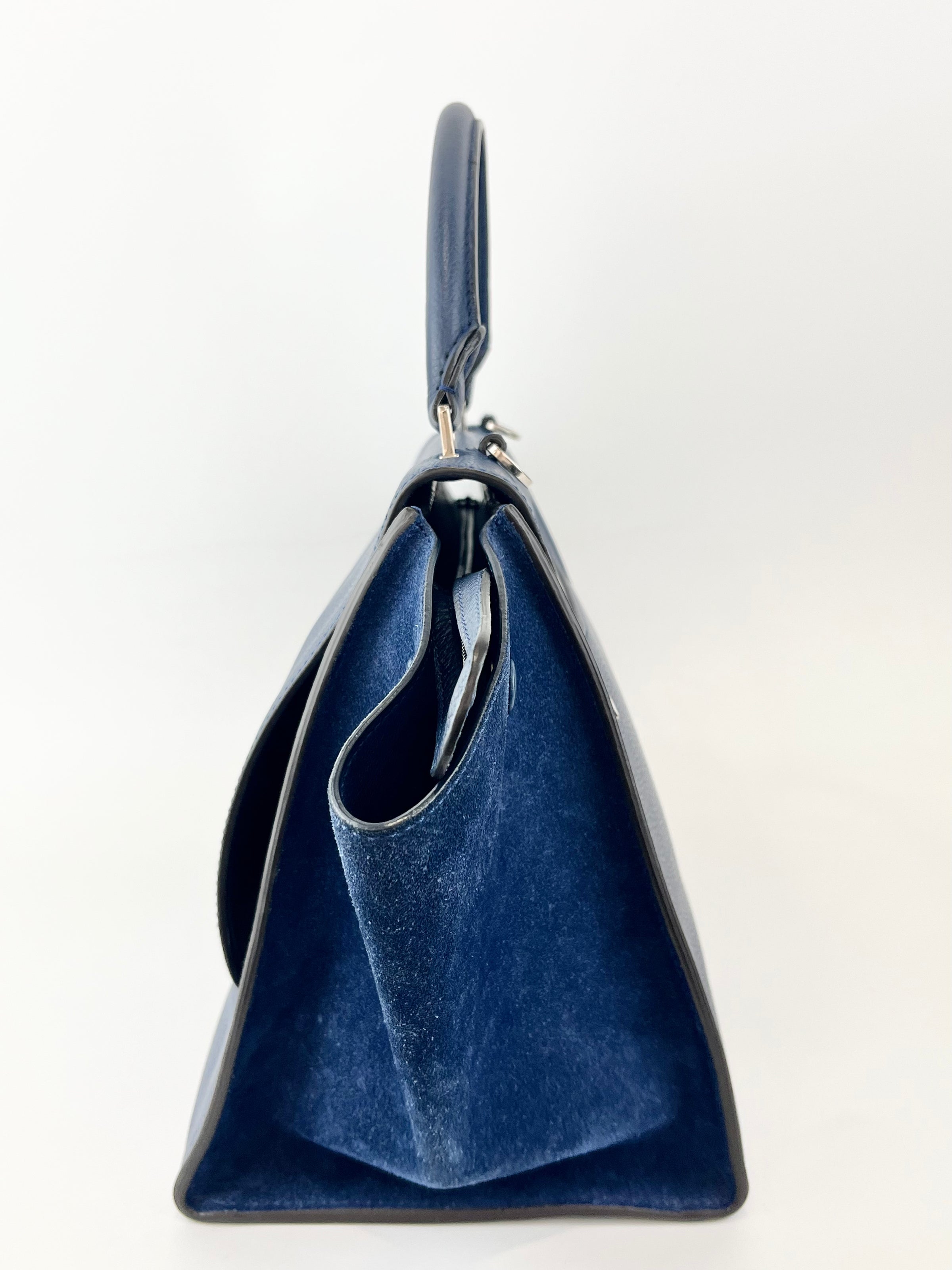 Blue Pebbled Leather Suede Medium Trapeze Bag