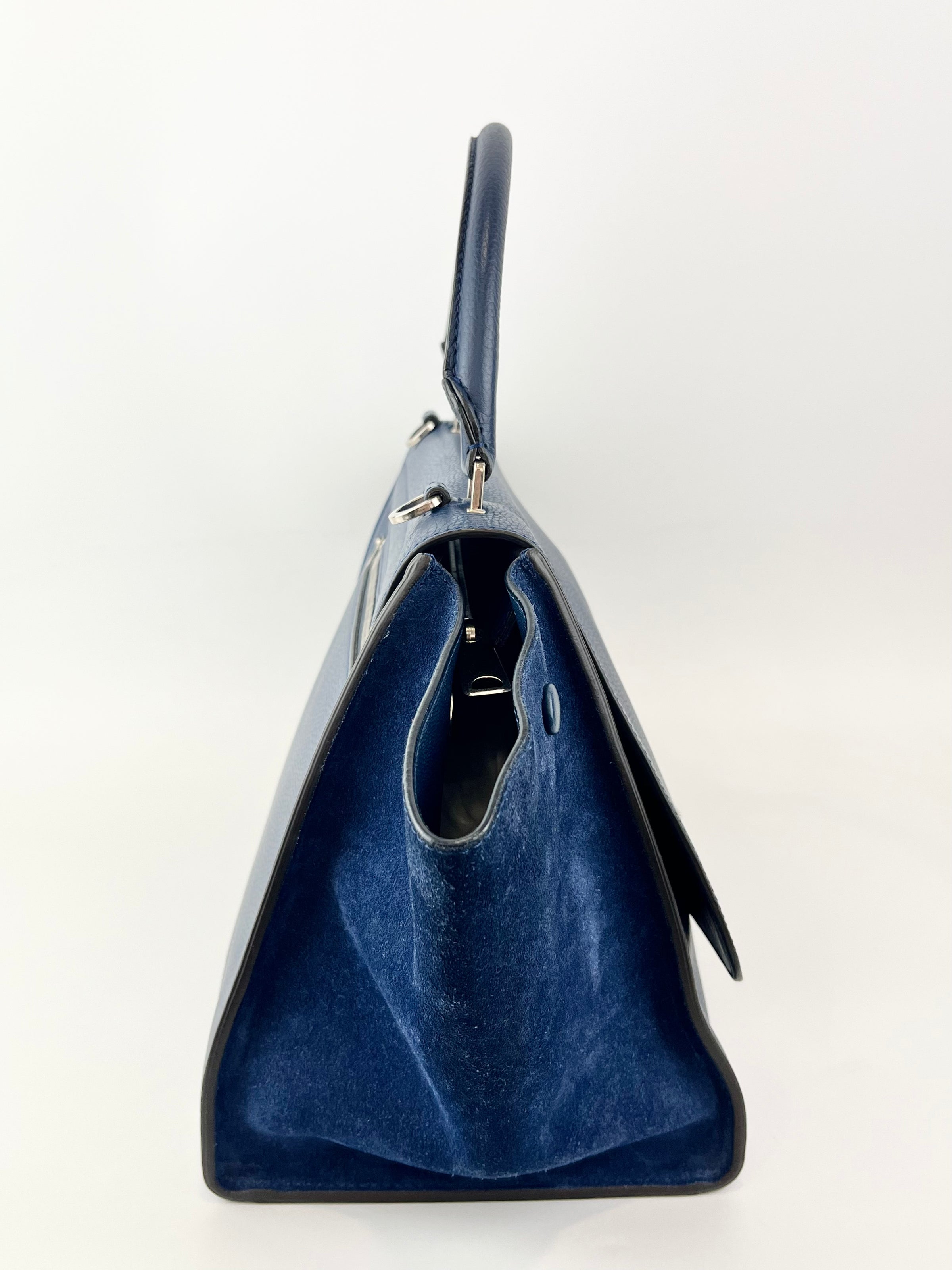 Blue Pebbled Leather Suede Medium Trapeze Bag