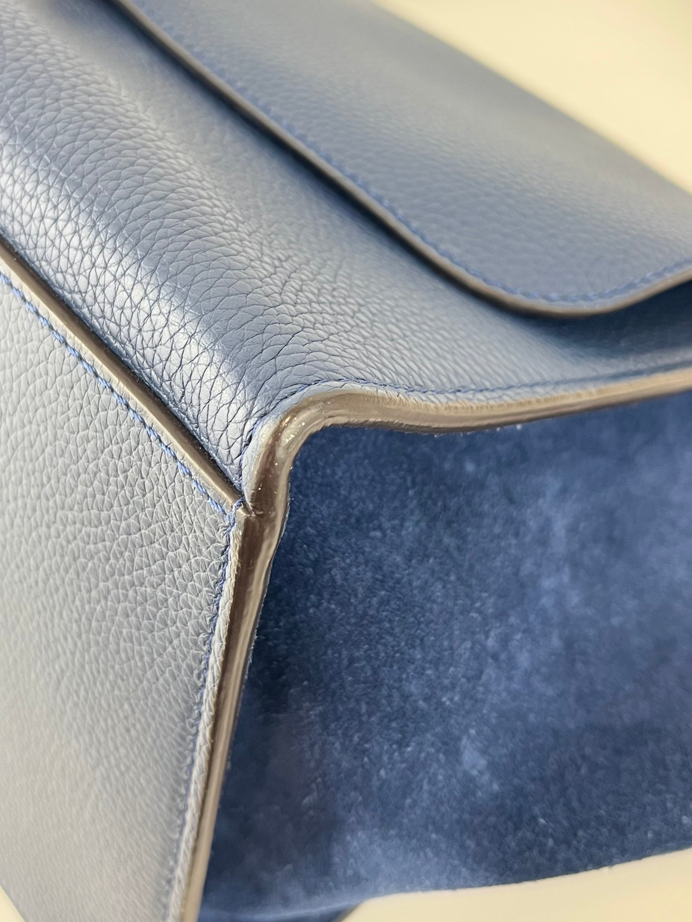 Blue Pebbled Leather Suede Medium Trapeze Bag