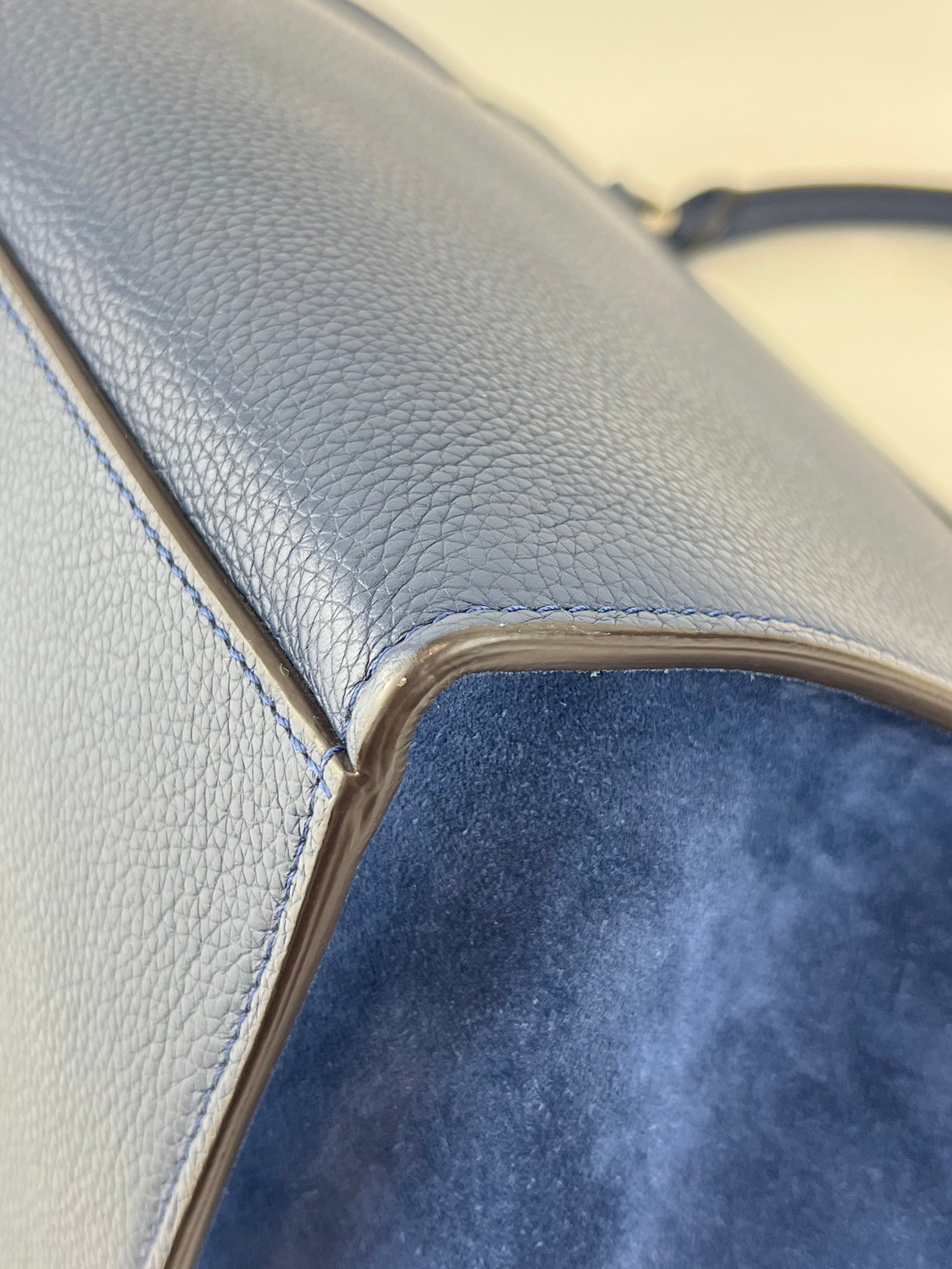 Blue Pebbled Leather Suede Medium Trapeze Bag