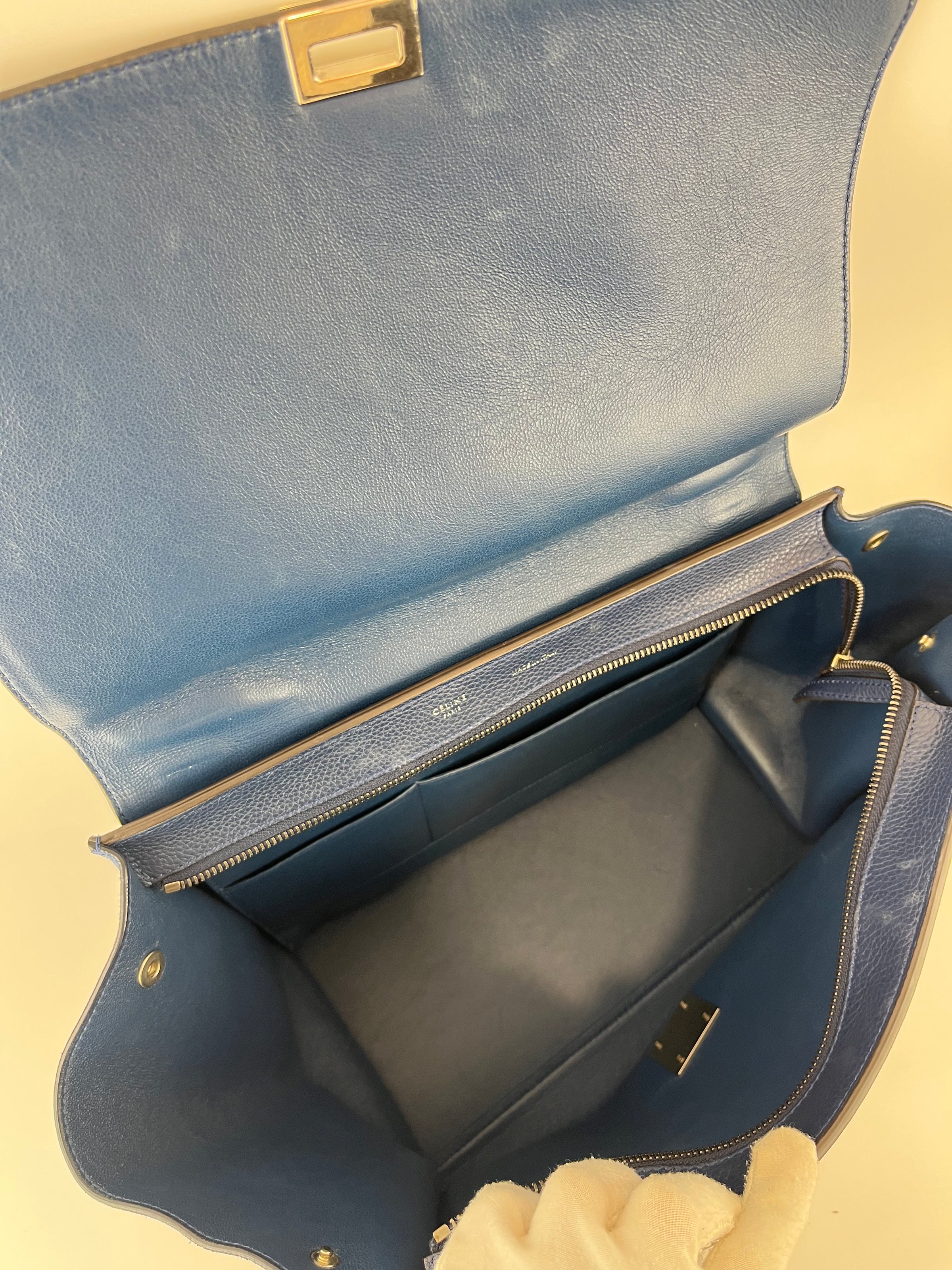 Blue Pebbled Leather Suede Medium Trapeze Bag