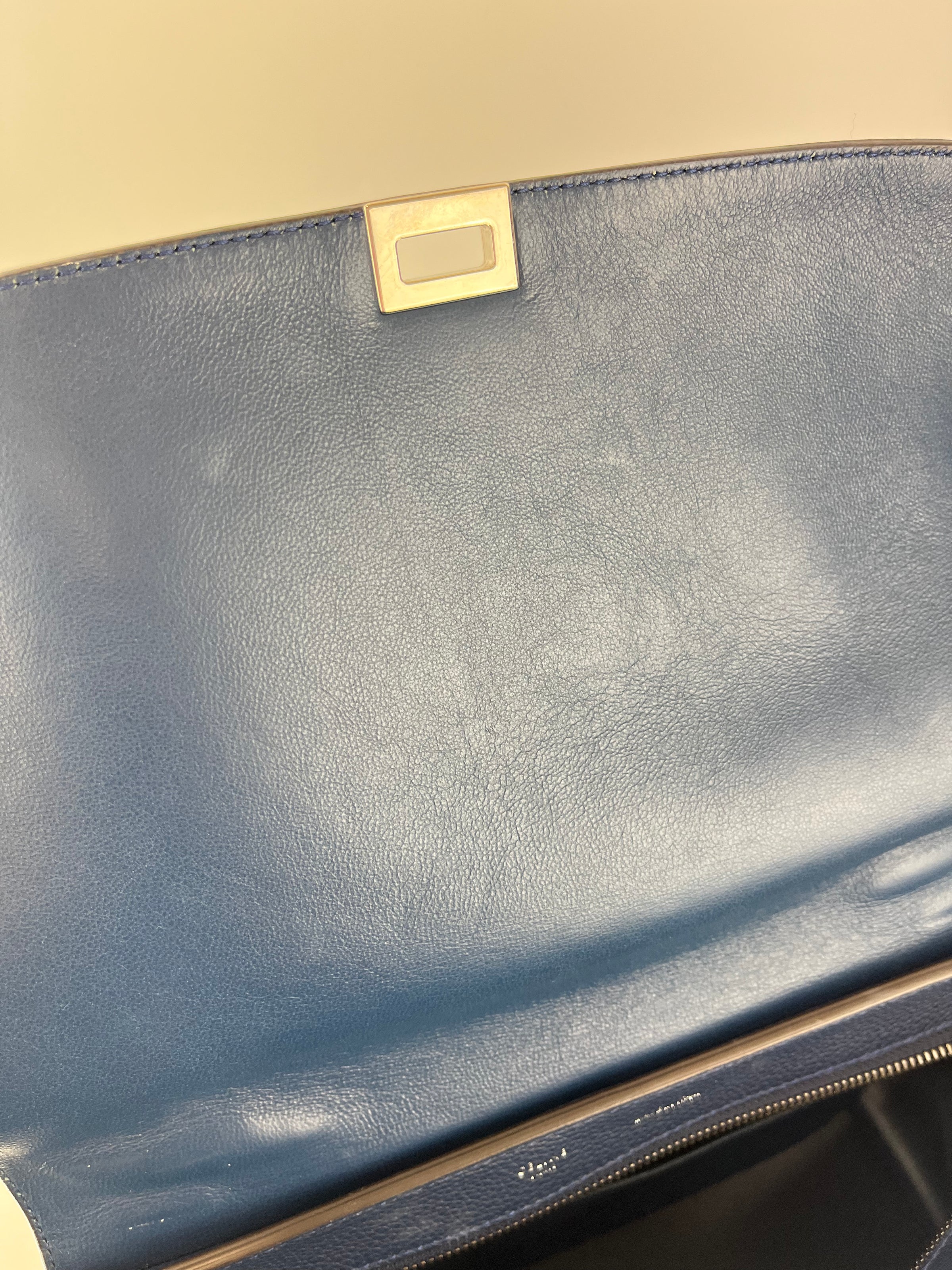 Blue Pebbled Leather Suede Medium Trapeze Bag