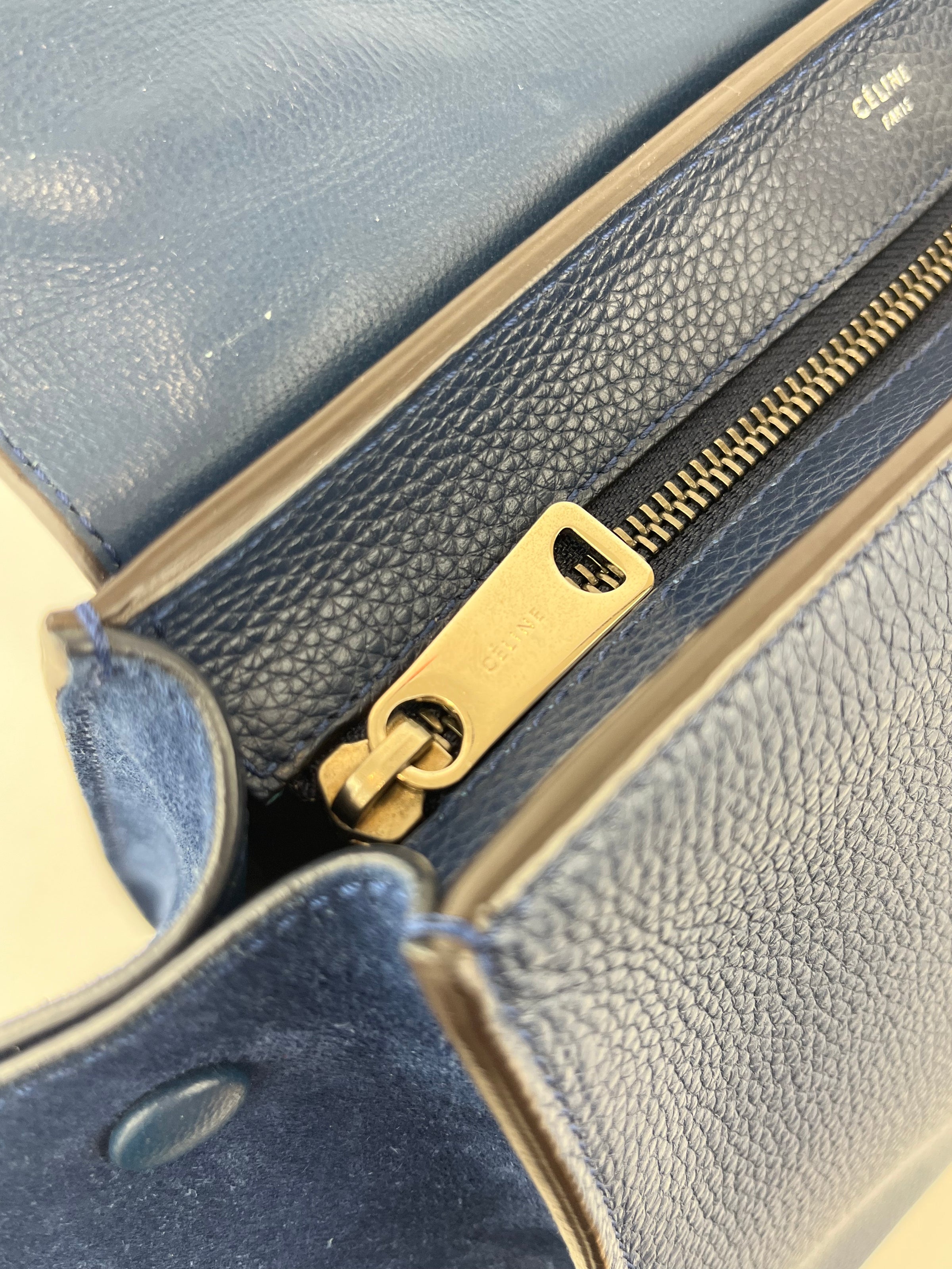 Blue Pebbled Leather Suede Medium Trapeze Bag