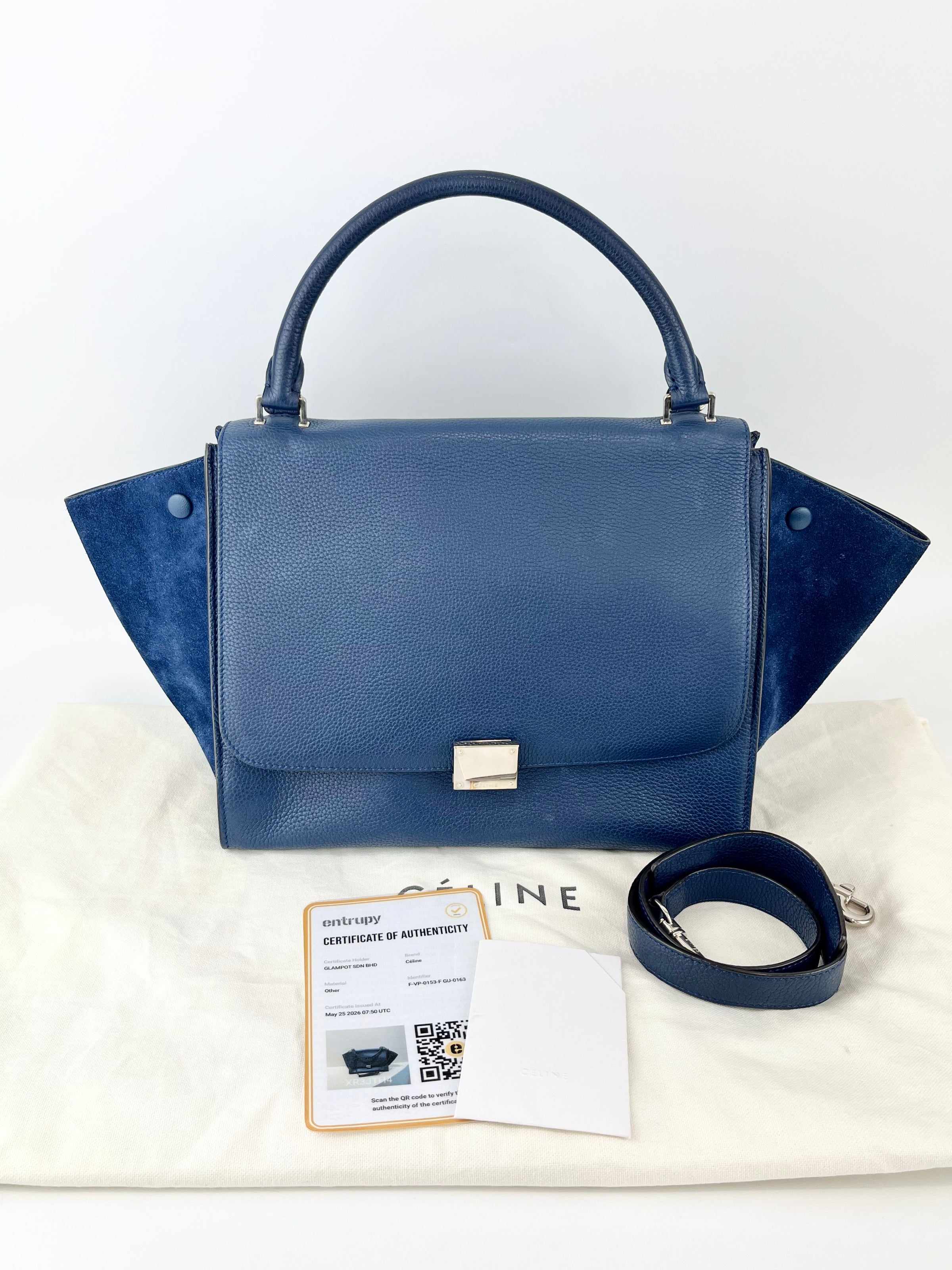 Blue Pebbled Leather Suede Medium Trapeze Bag