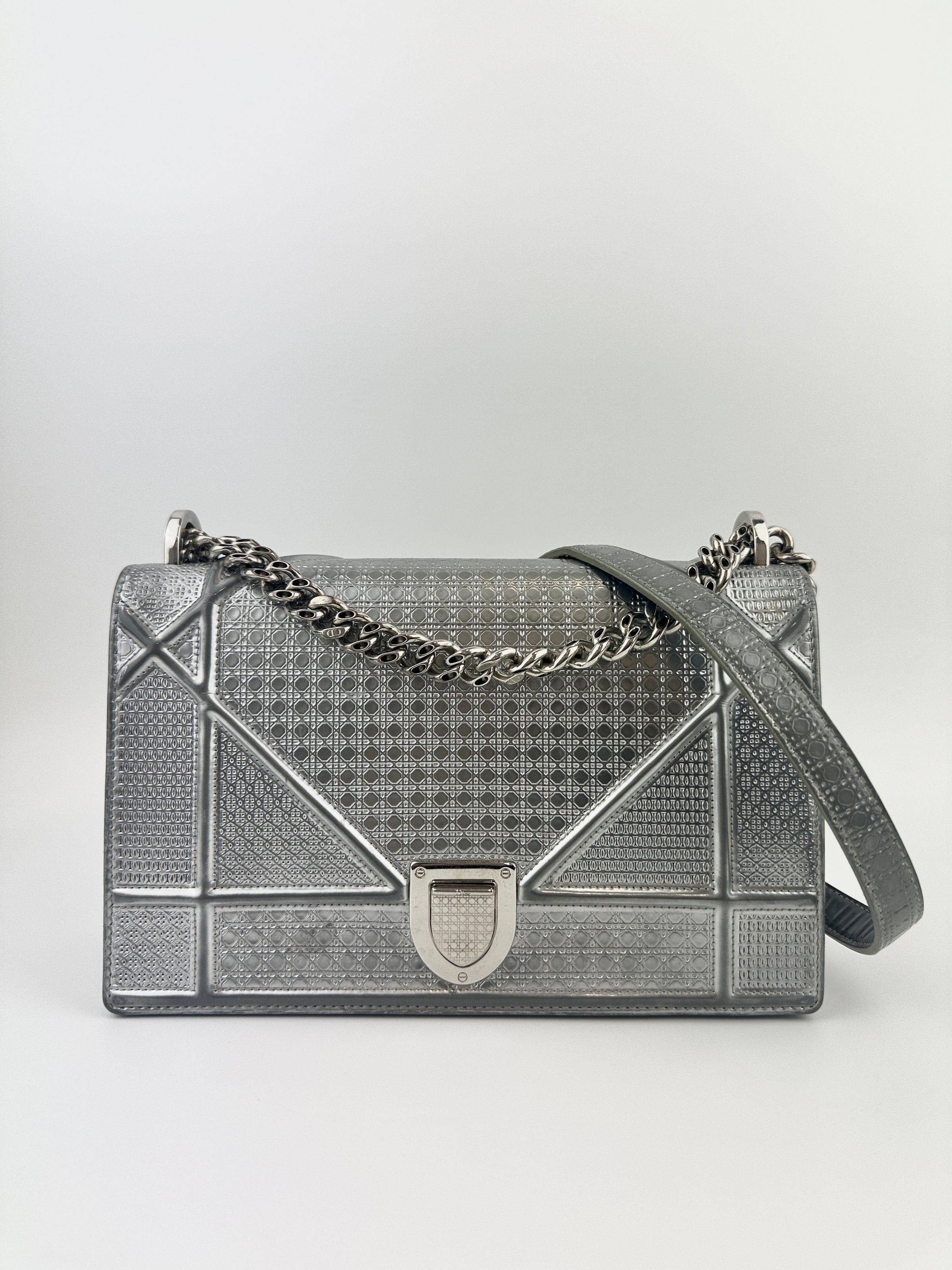 Medium Diorama Metallic Silver Cannage Leather Flap Bag