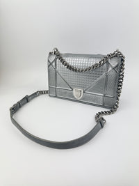 Medium Diorama Metallic Silver Cannage Leather Flap Bag